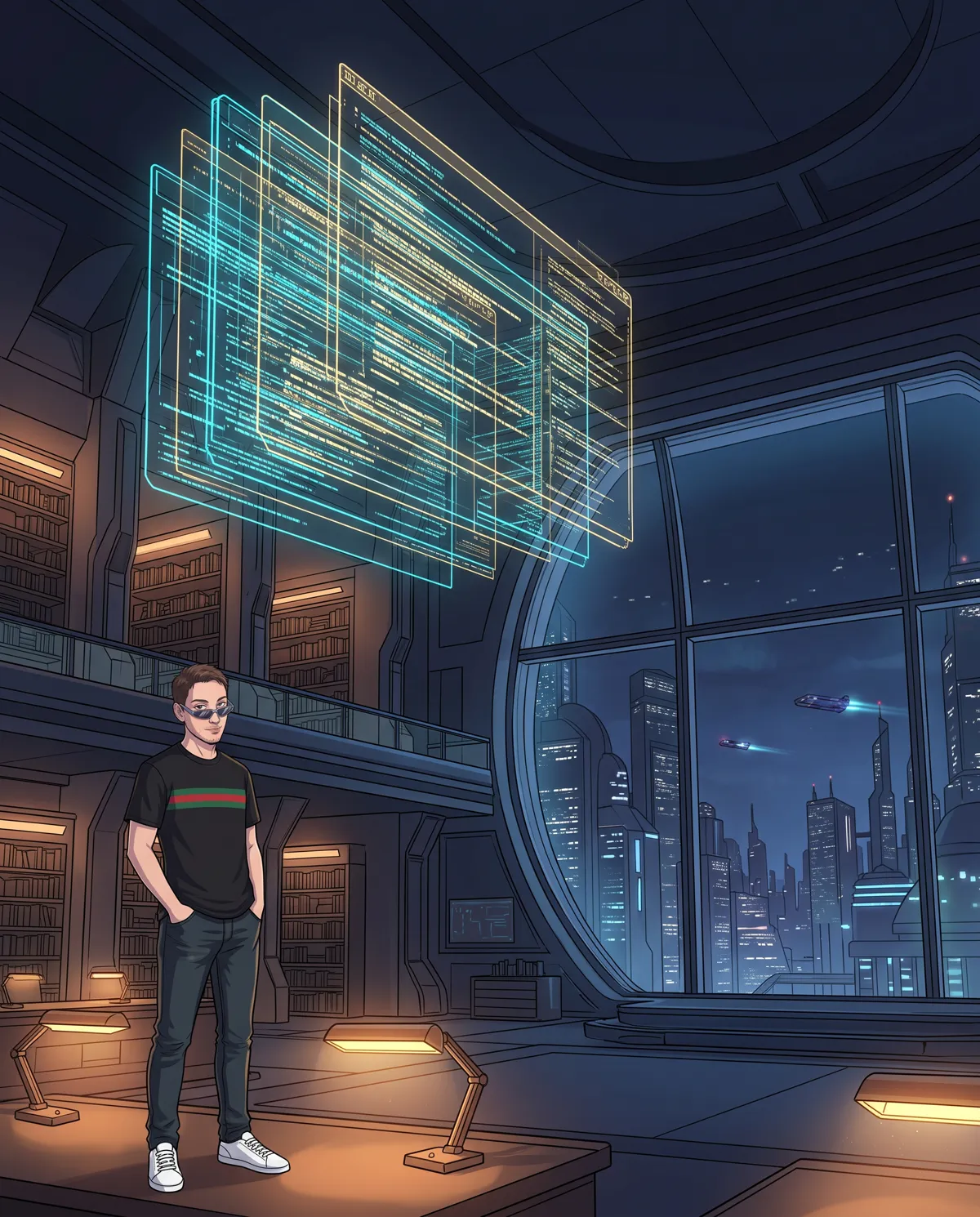 Ale di MariVision in uno studio di scrittura futuristico con un editor olografico gigante