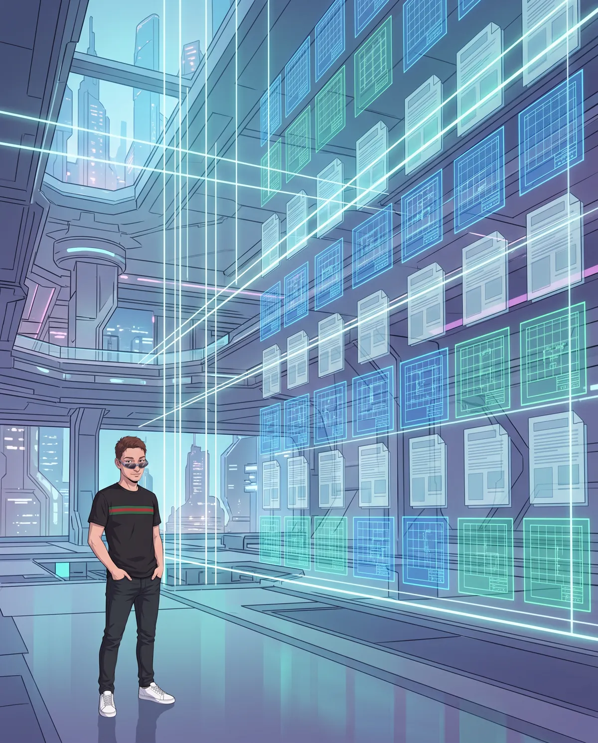Uno studio futuristico con griglie e modelli di documenti ordinati e luminosi