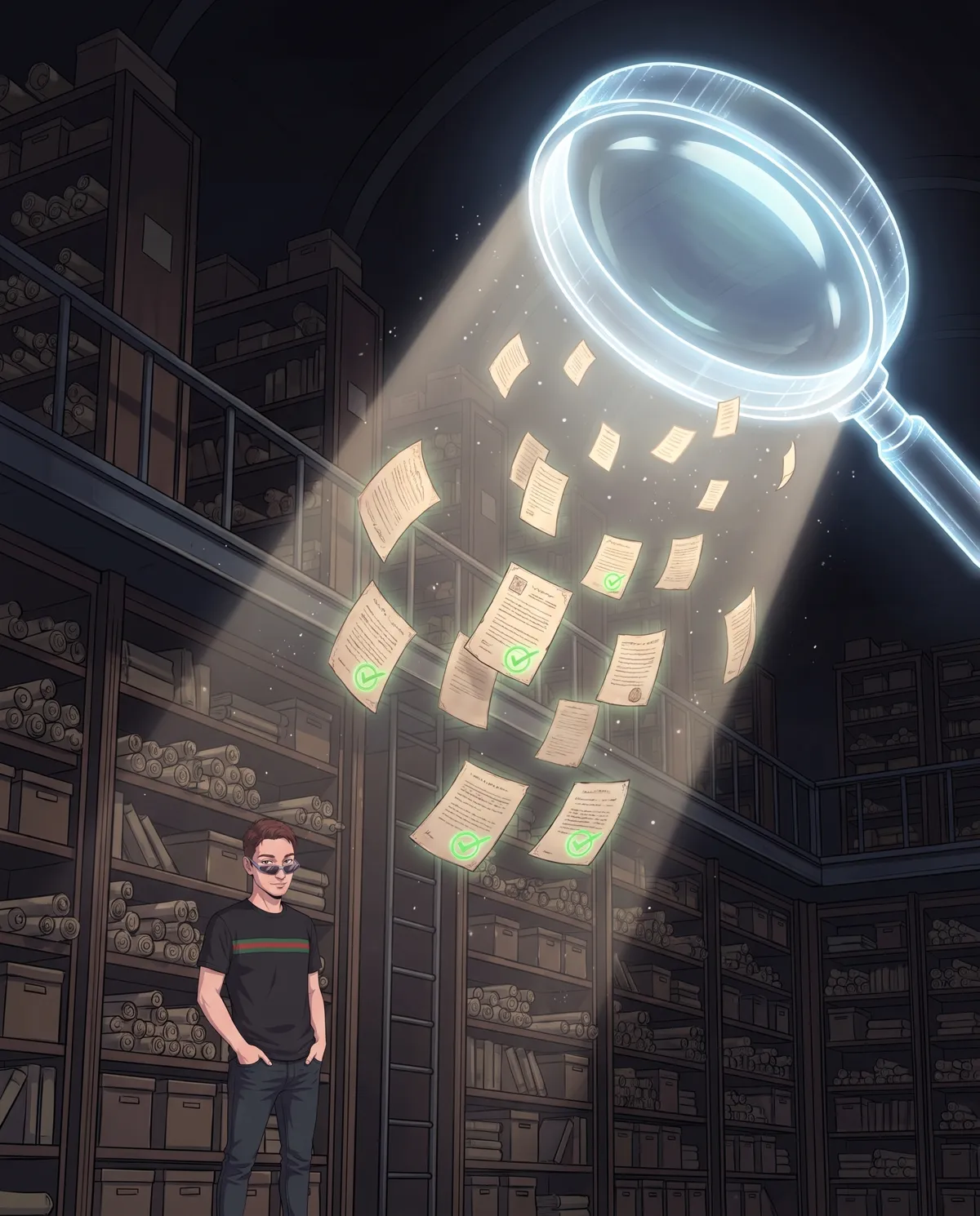 Un grande archivio con una lente luminosa che esamina documenti sospesi
