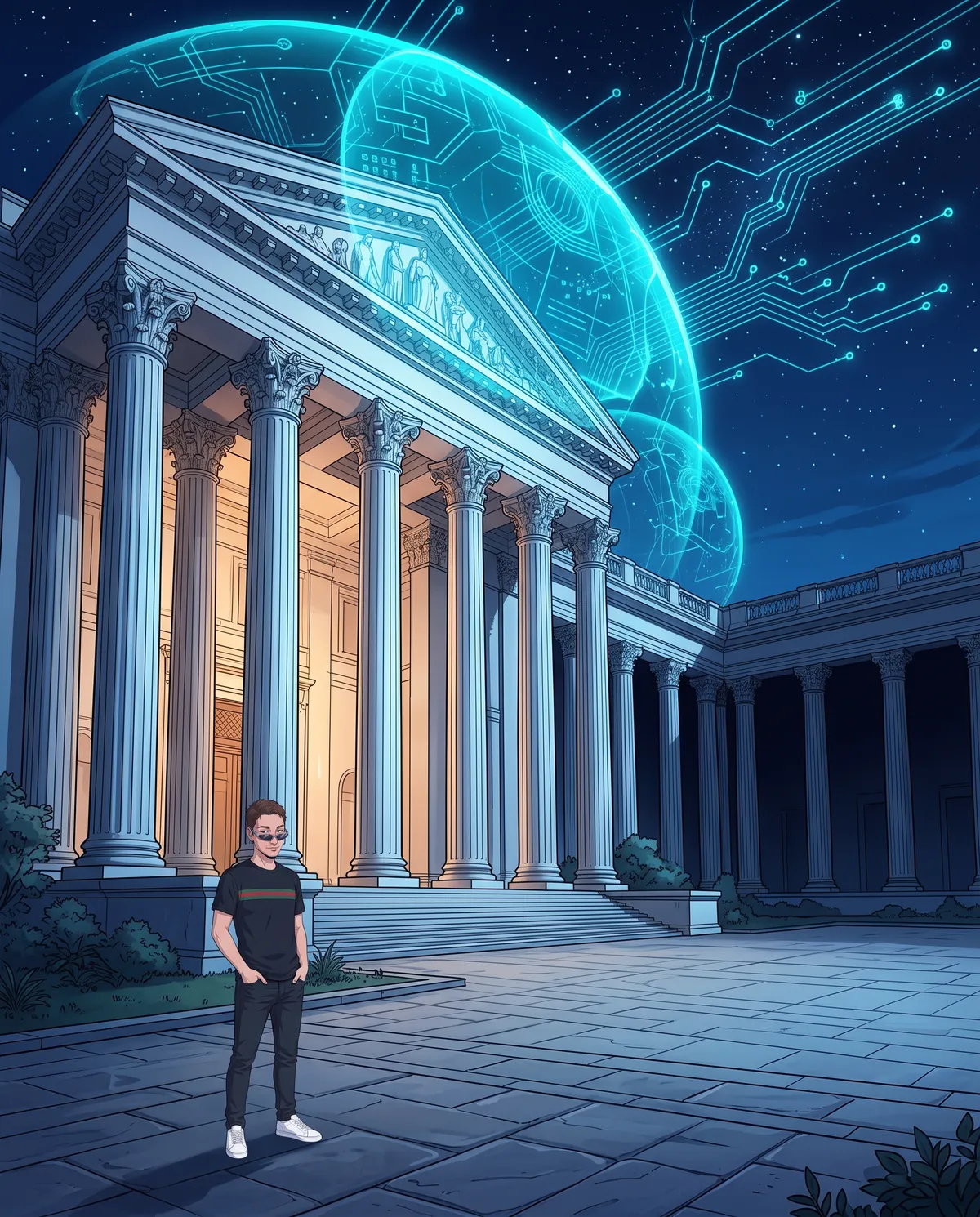 Un palazzo governativo con scudi olografici e circuiti proiettati nel cielo notturno