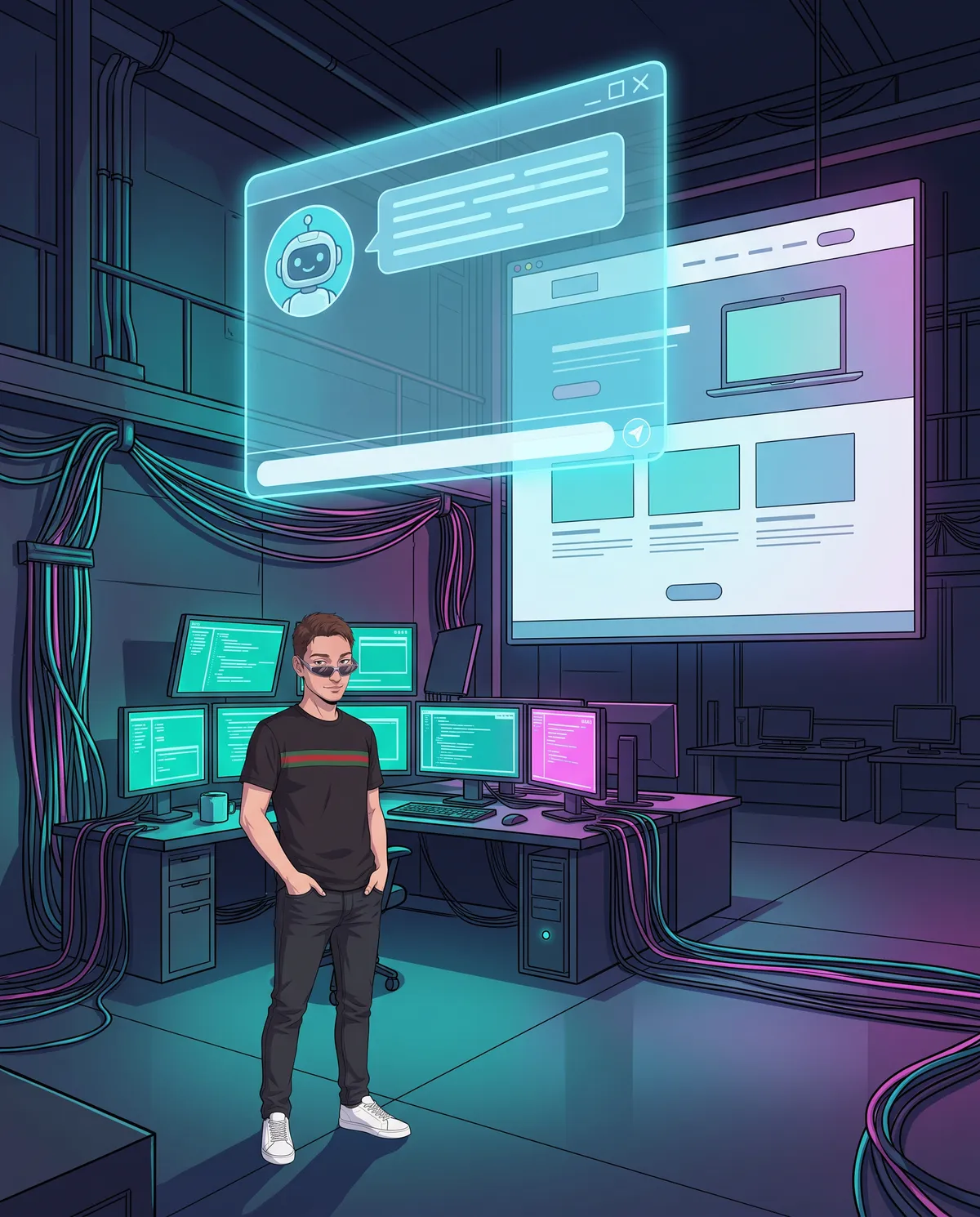 Ale di MariVision in uno studio notturno con una gigantesca finestra di chat olografica sopra il mockup di un sito web