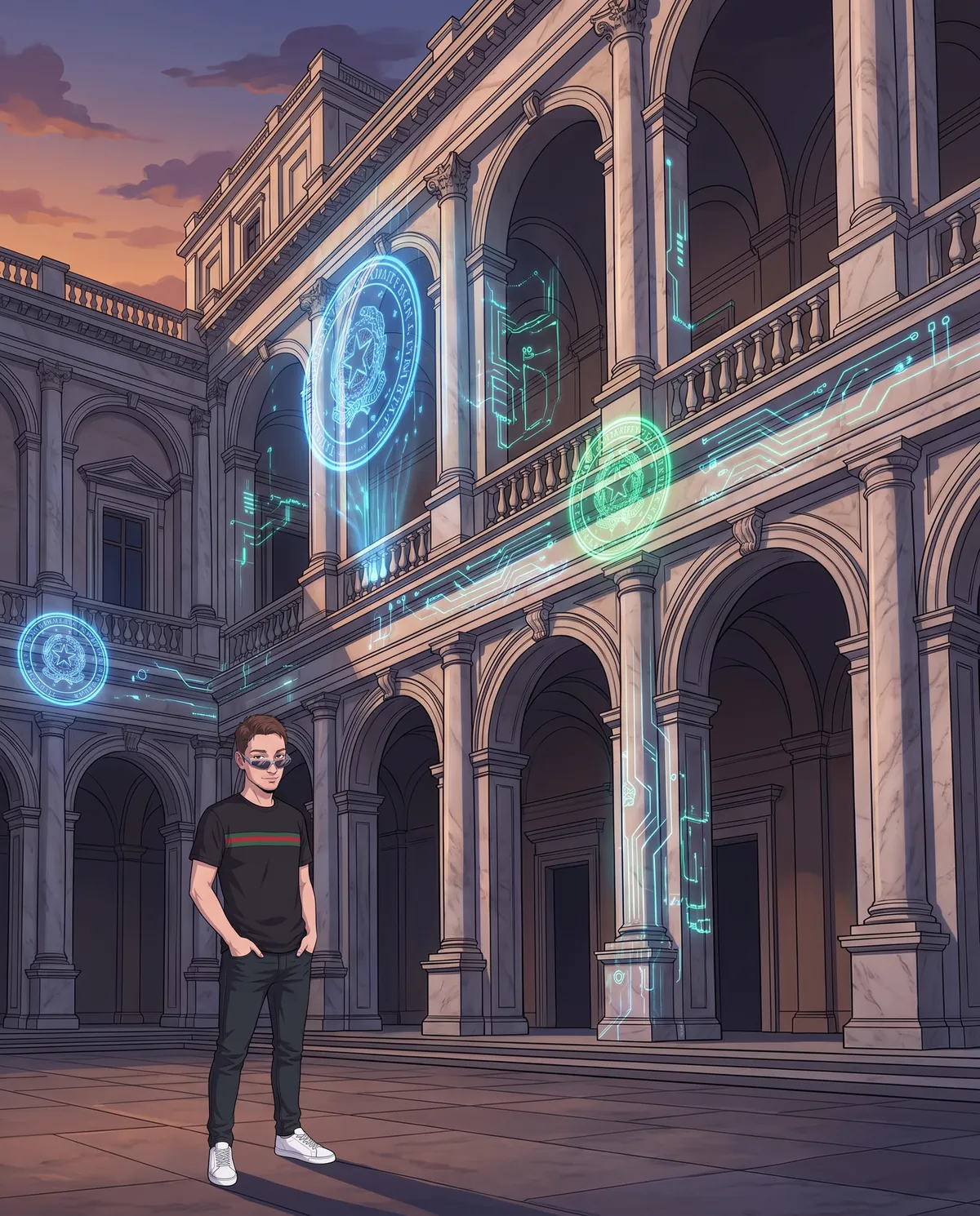 Palazzo istituzionale italiano al tramonto con sigilli olografici proiettati sulla facciata