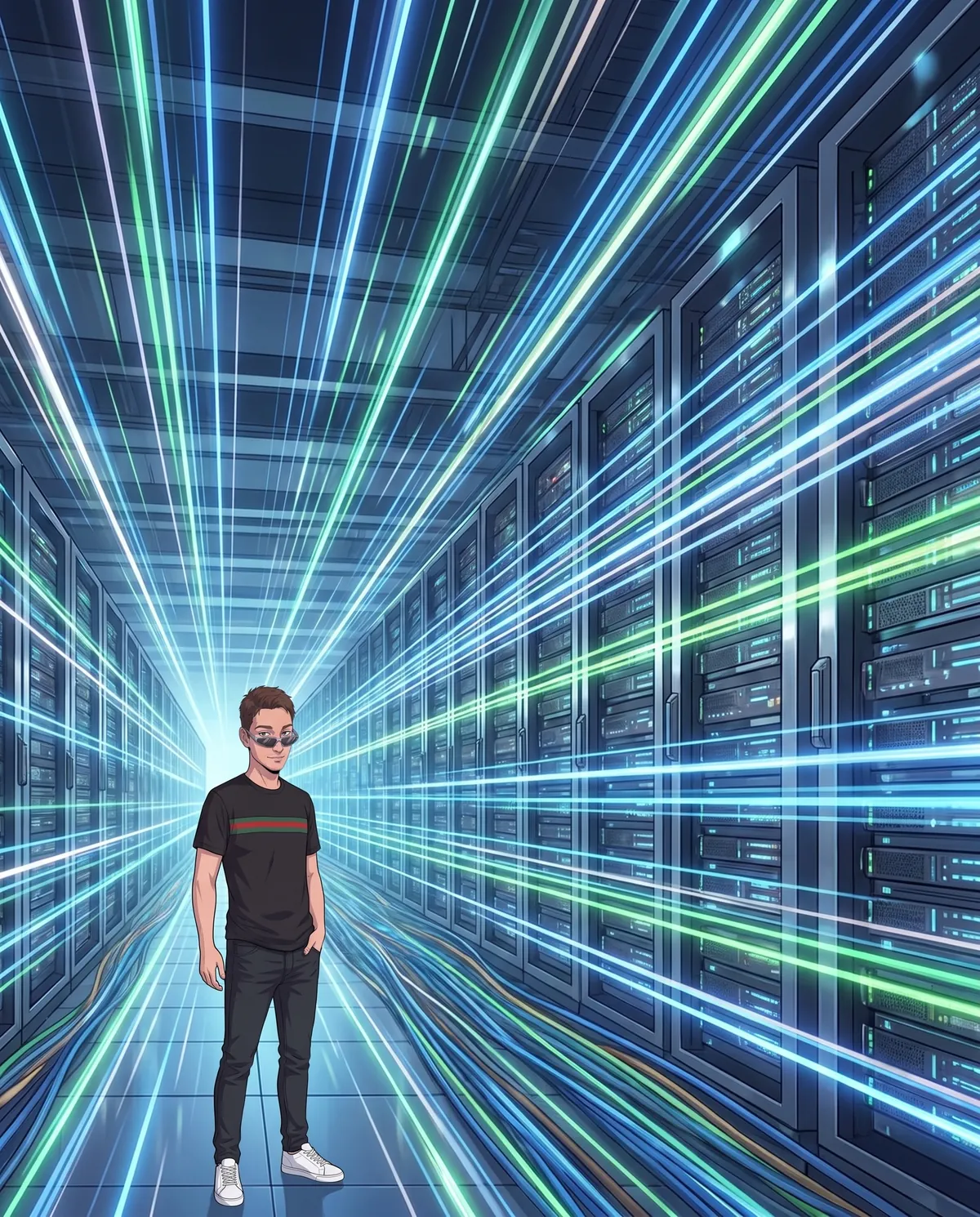 Tunnel di luce ad altissima velocità dentro un data center, scie luminose tra pareti di server