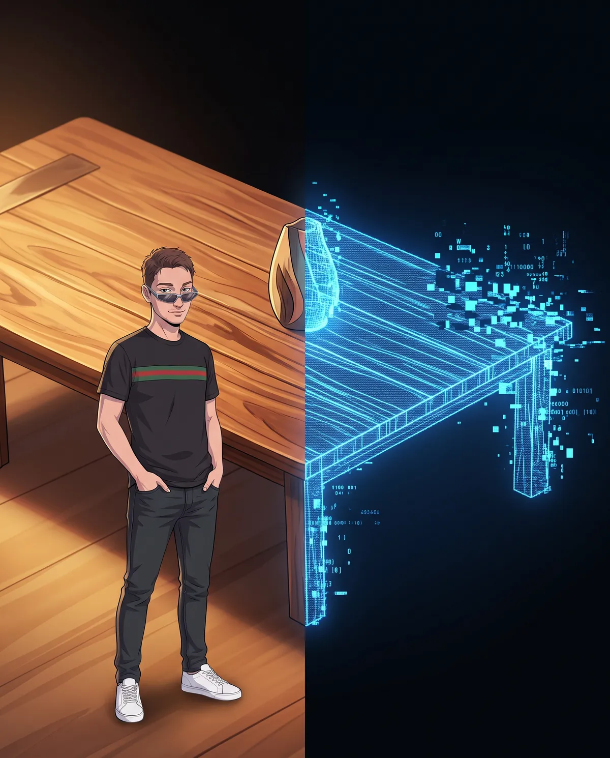 Un tavolo di legno vero a confronto con la sua copia olografica digitale che si dissolve in pixel