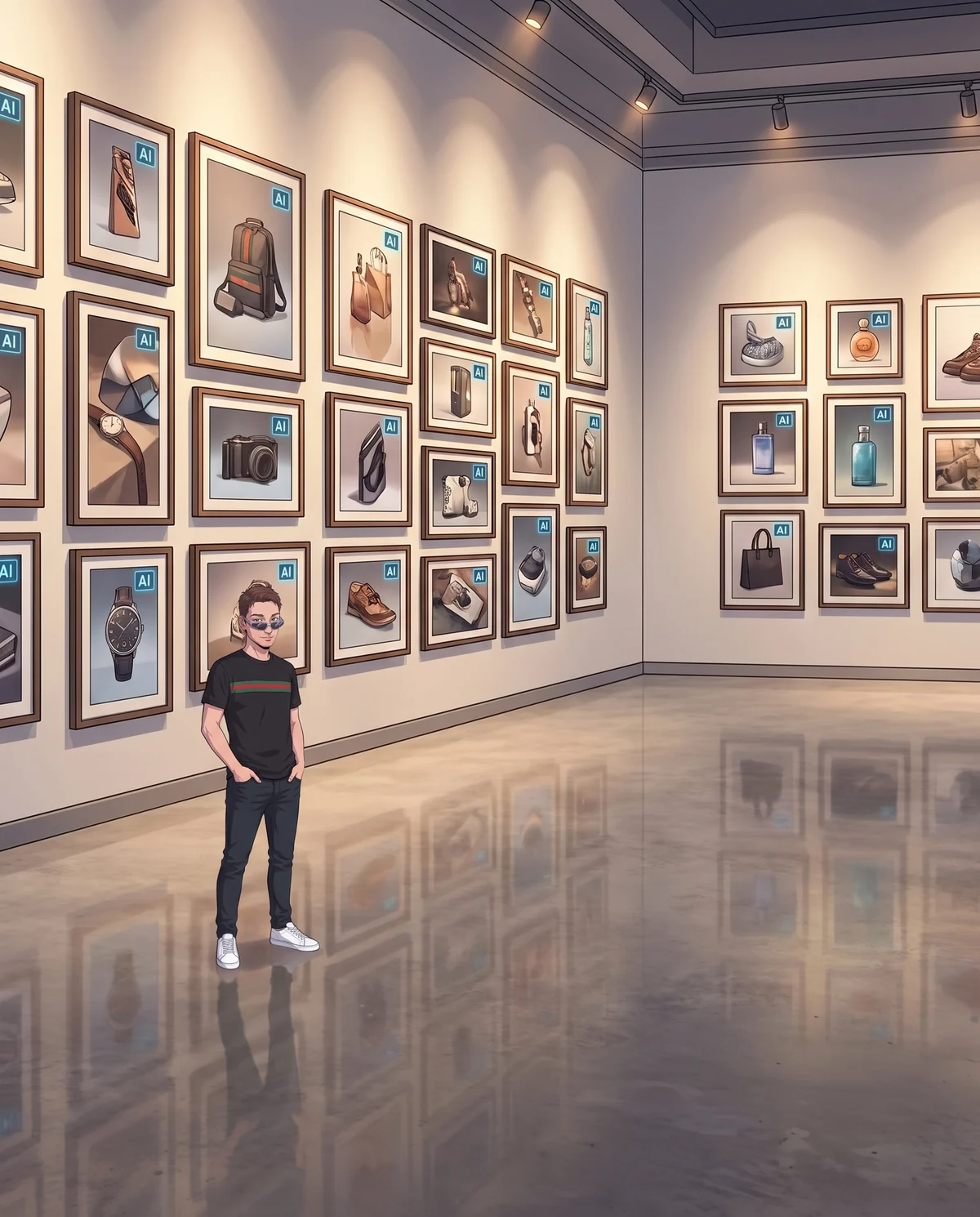 Ale di MariVision in una galleria di foto prodotto incorniciate, ognuna con una piccola etichetta AI nell'angolo