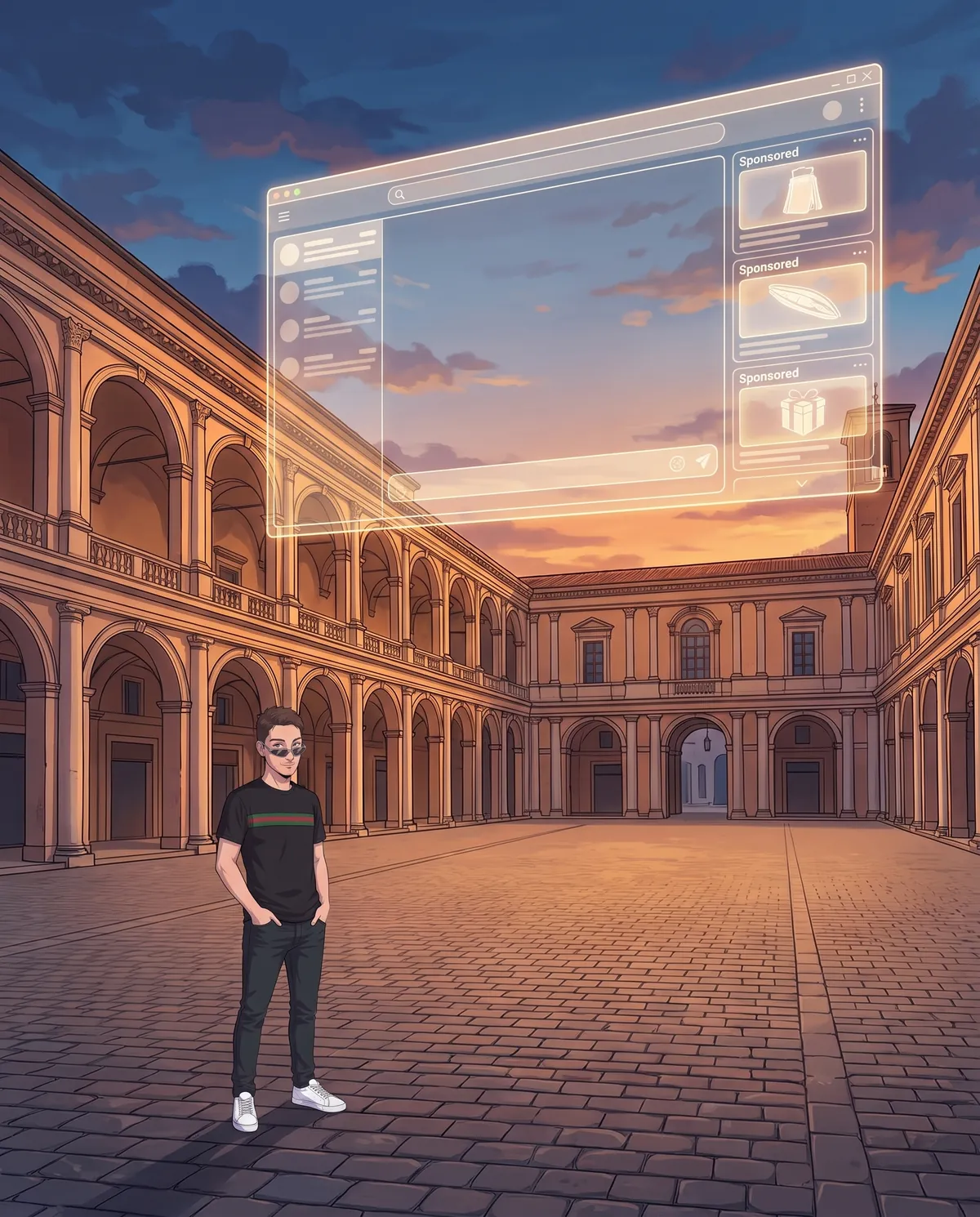 Piazza italiana al tramonto con una gigantesca finestra di chat sospesa e riquadri sponsorizzati sul lato