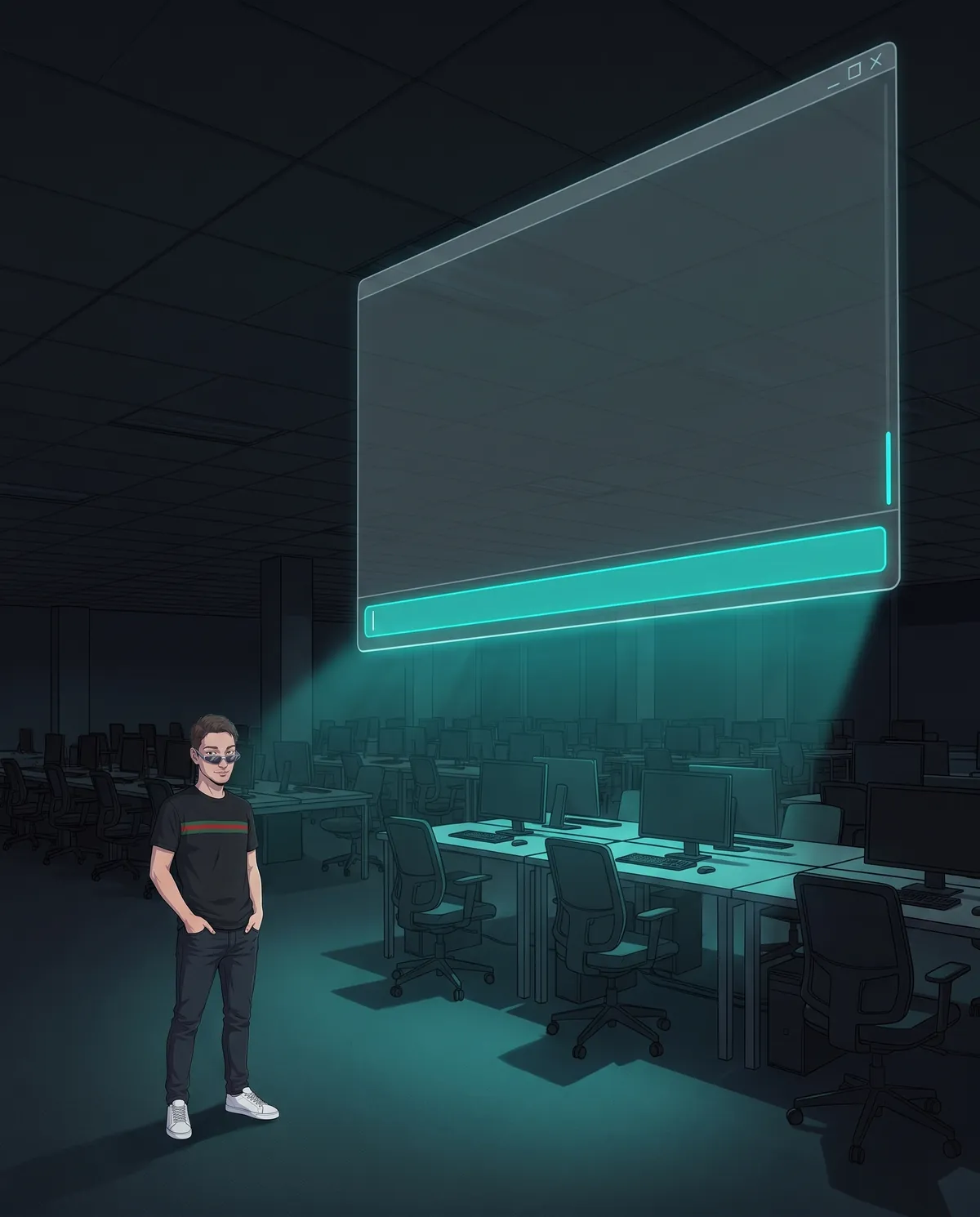 Grande ufficio open space al buio con un'enorme finestra di chat sospesa sopra le scrivanie vuote e una riga di comando luminosa
