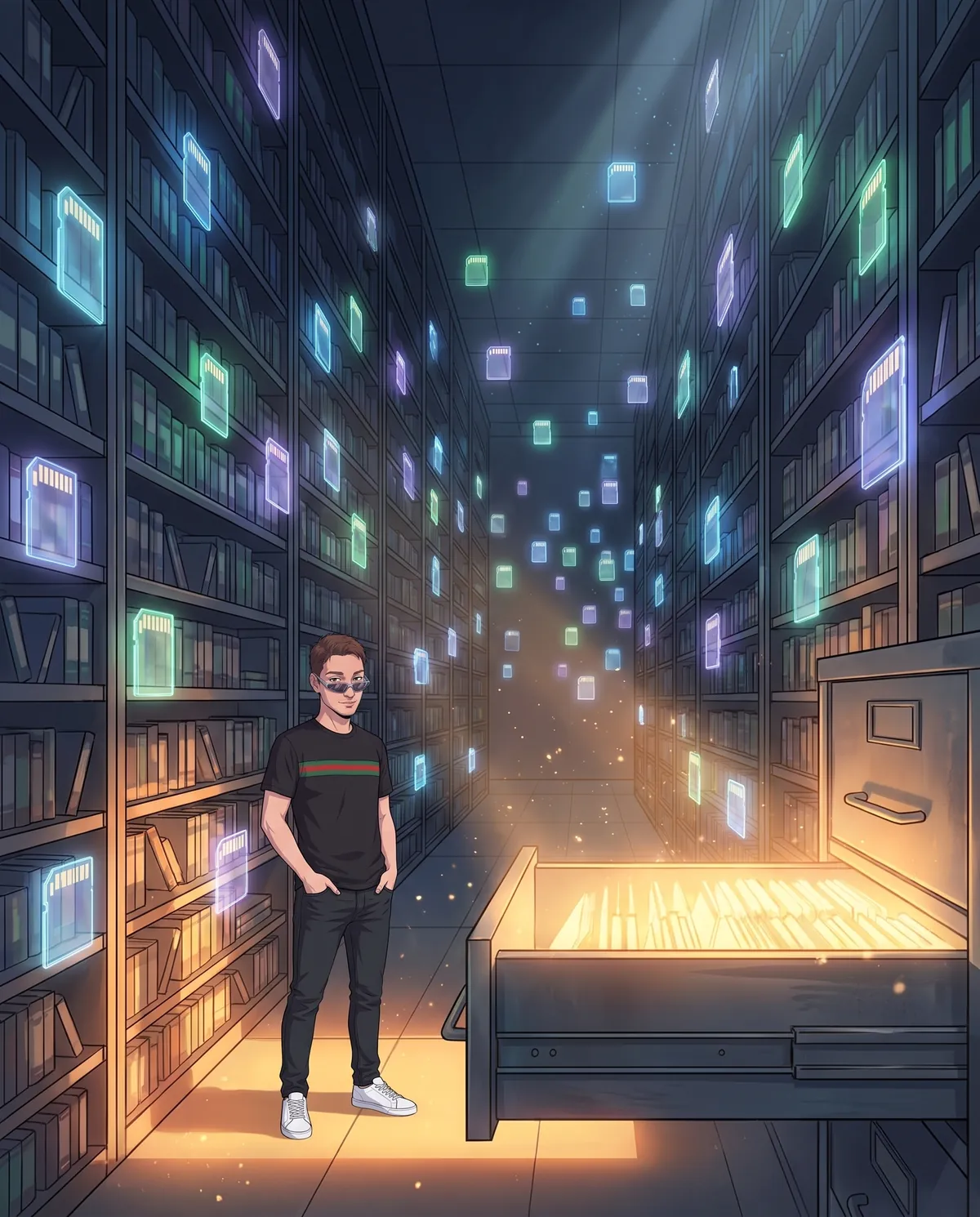 Immenso archivio buio con scaffali luminosi di schede di memoria fluttuanti e un cassetto aperto che riversa luce calda nel corridoio