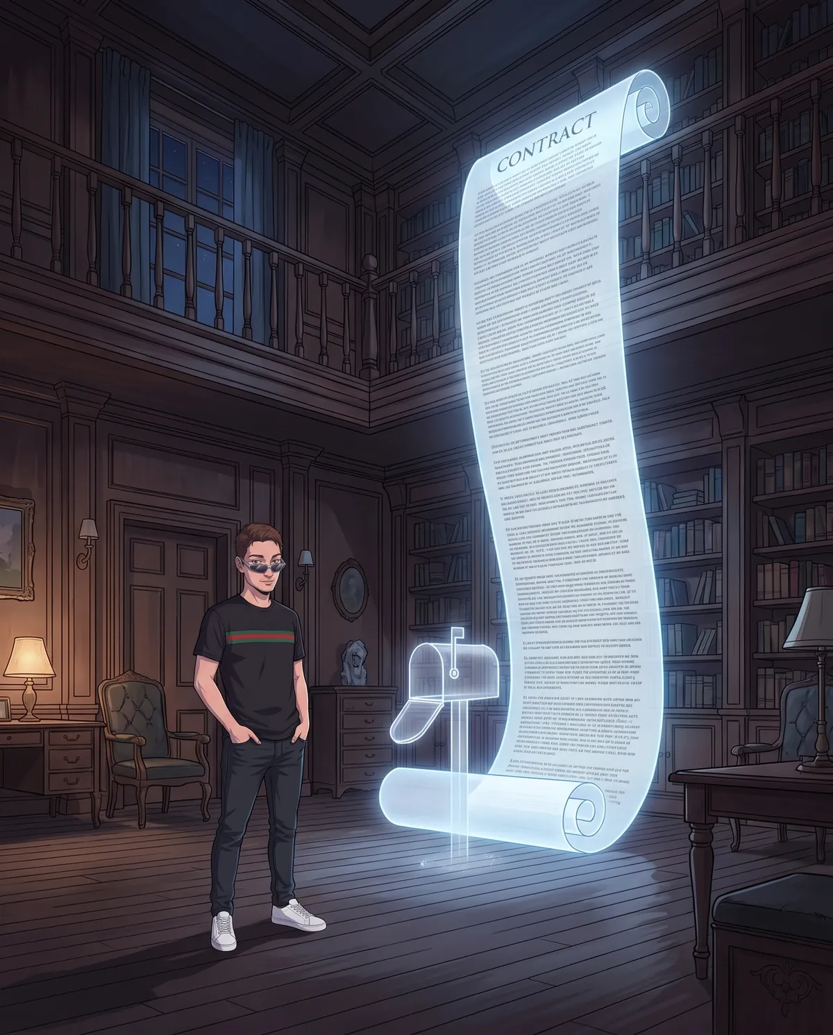 Studio in legno di notte con un colossale contratto olografico srotolato dal soffitto al pavimento, coperto di clausole luminose