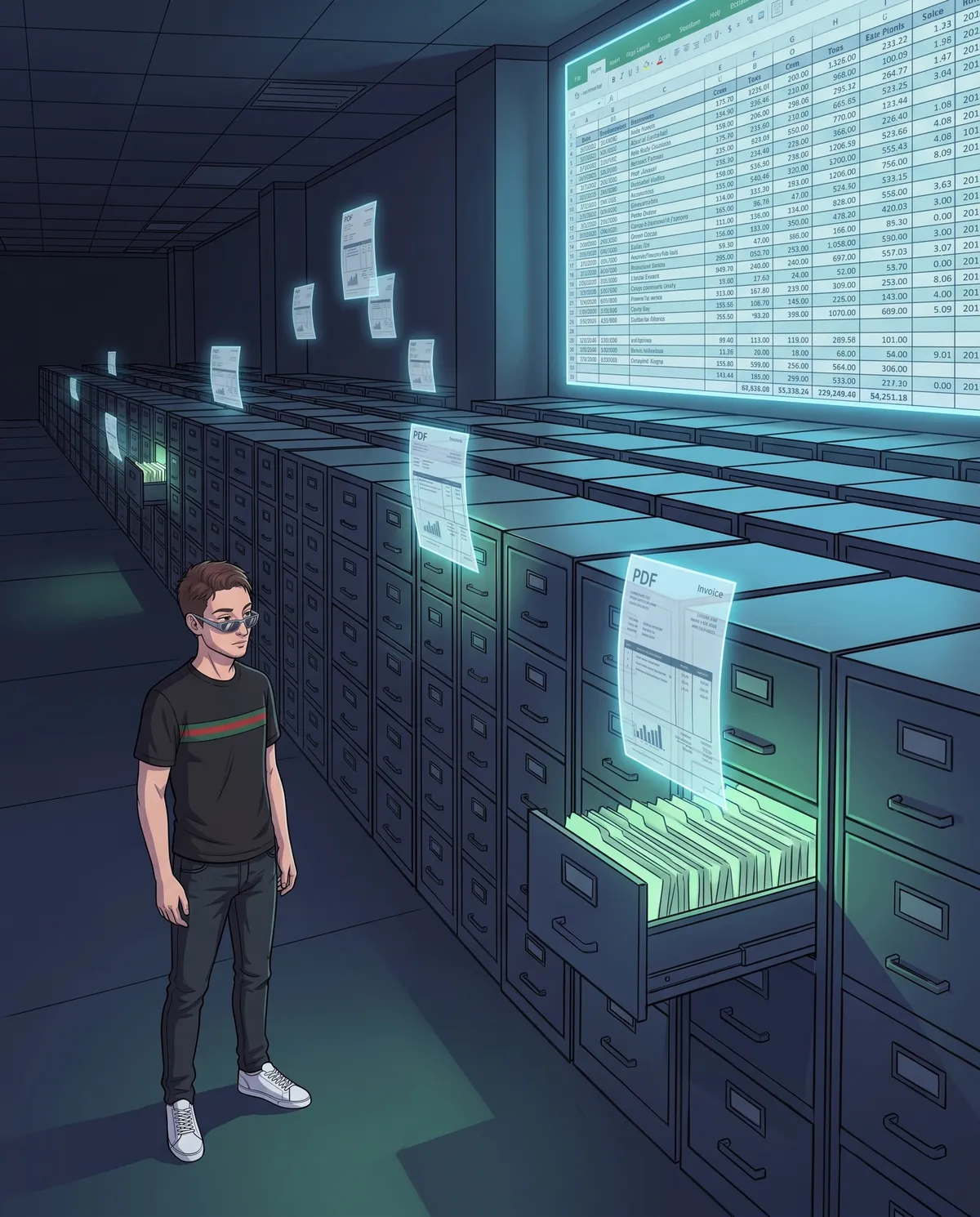 Archivio buio con file infinite di schedari, fatture PDF luminose che scivolano da sole nei cassetti giusti e un grande foglio di registro olografico sulla parete