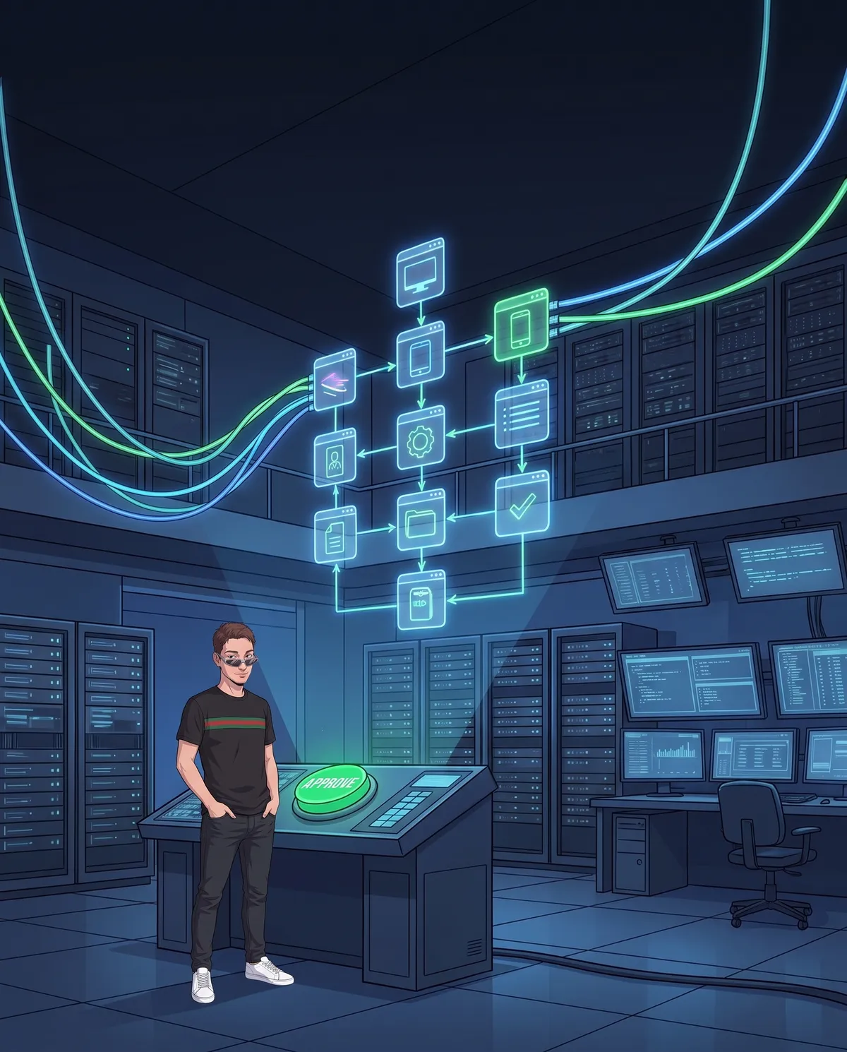 Sala di controllo buia con un grande diagramma di flusso olografico di blocchi collegati da cavi luminosi e un pulsante verde di approvazione su una console