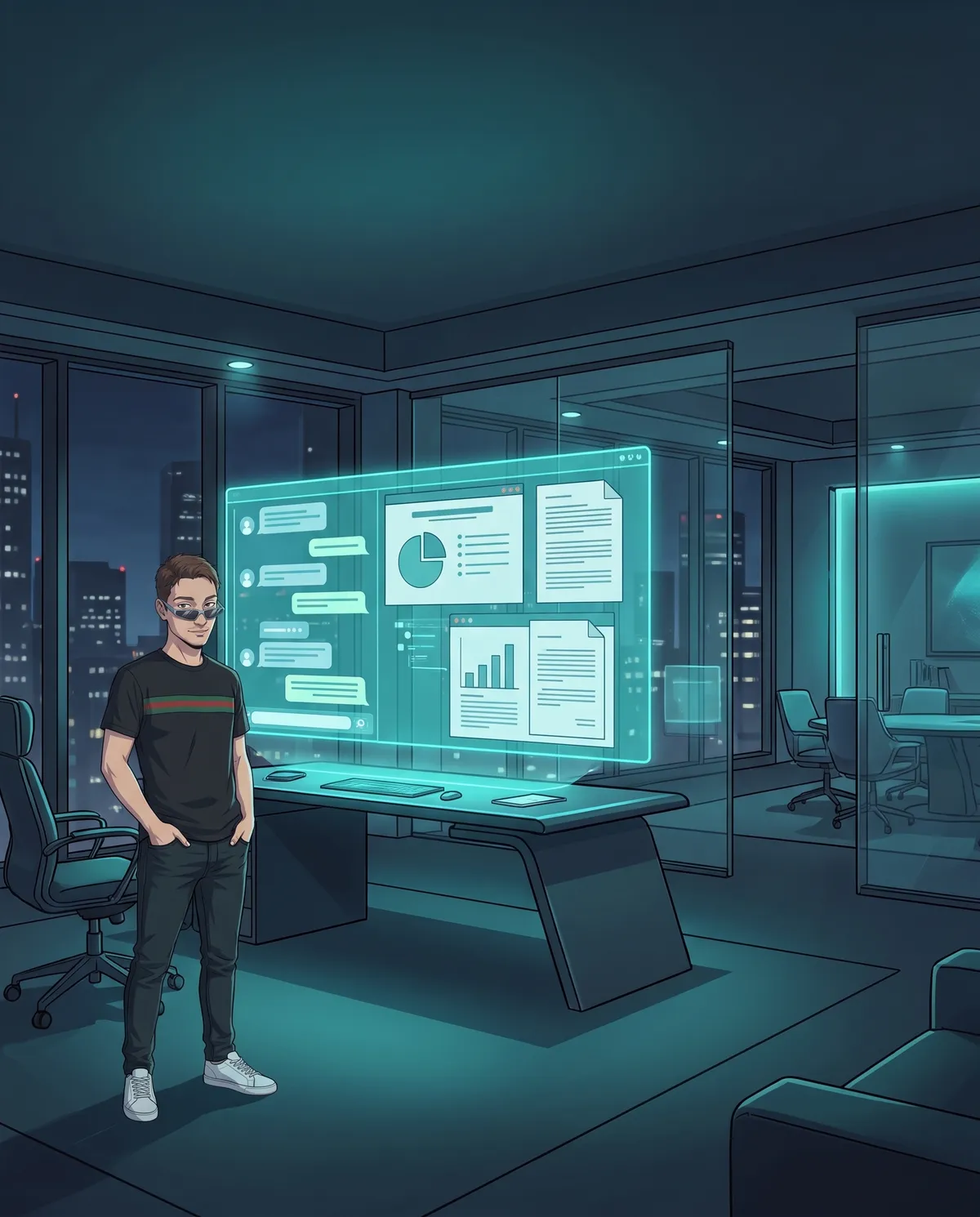 Studio buio di notte con un unico grande pannello olografico sospeso sopra la scrivania, dove fumetti di chat, slide e documenti si fondono in una sola area di lavoro