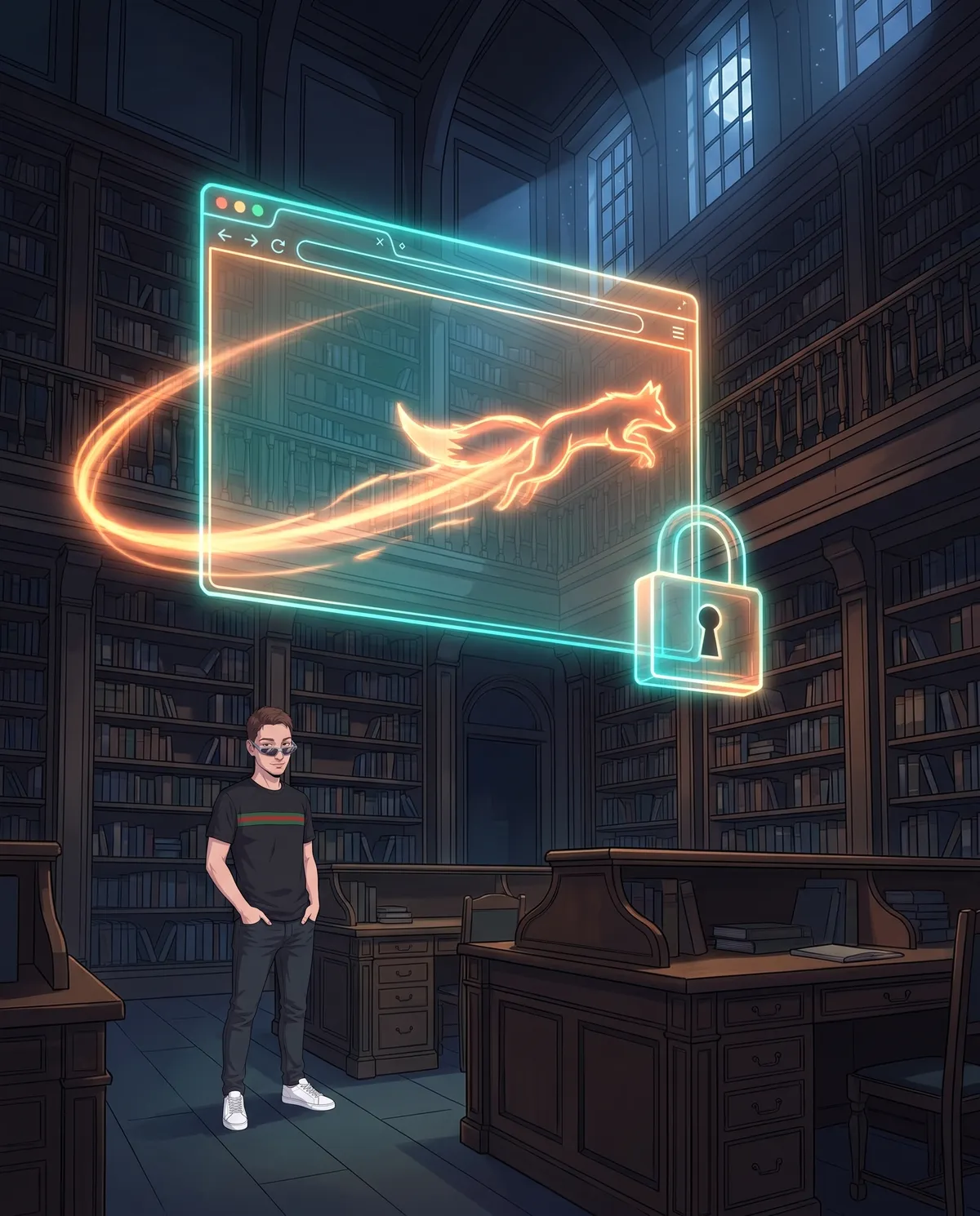 Biblioteca buia di notte con una grande finestra del browser luminosa sospesa a mezz'aria, una scia di luce arancione a forma di volpe che la circonda e un lucchetto chiuso olografico