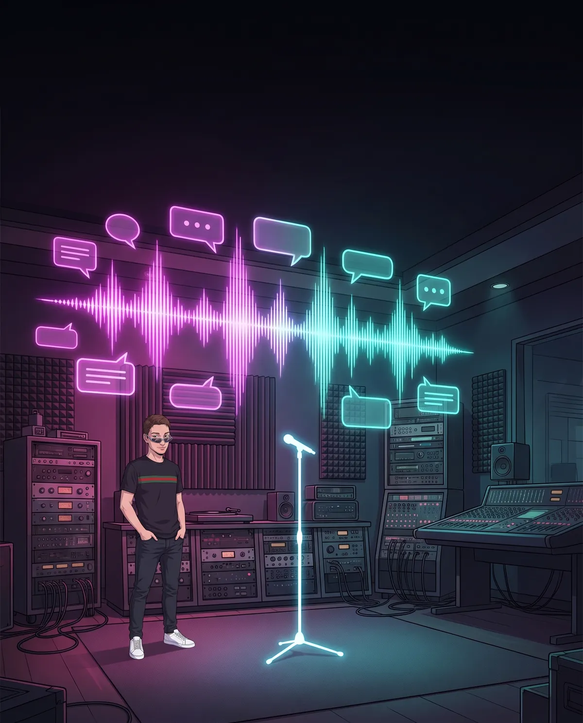 Studio di registrazione buio con una grande onda sonora olografica sospesa a mezz'aria, fumetti luminosi di forme diverse intorno e un microfono di luce al centro
