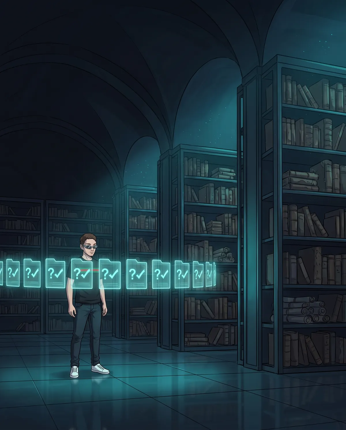 Archivio buio con dieci schede olografiche luminose in fila, ognuna con un punto interrogativo che diventa una spunta