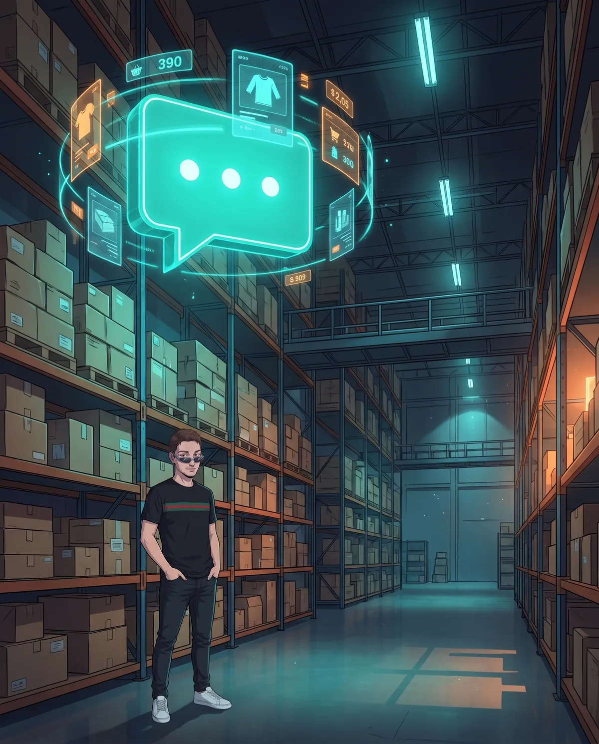 Magazzino e-commerce buio con alti scaffali di pacchi e un grande fumetto di chat luminoso sospeso sopra le corsie, circondato da schede prodotto e cartellini del prezzo