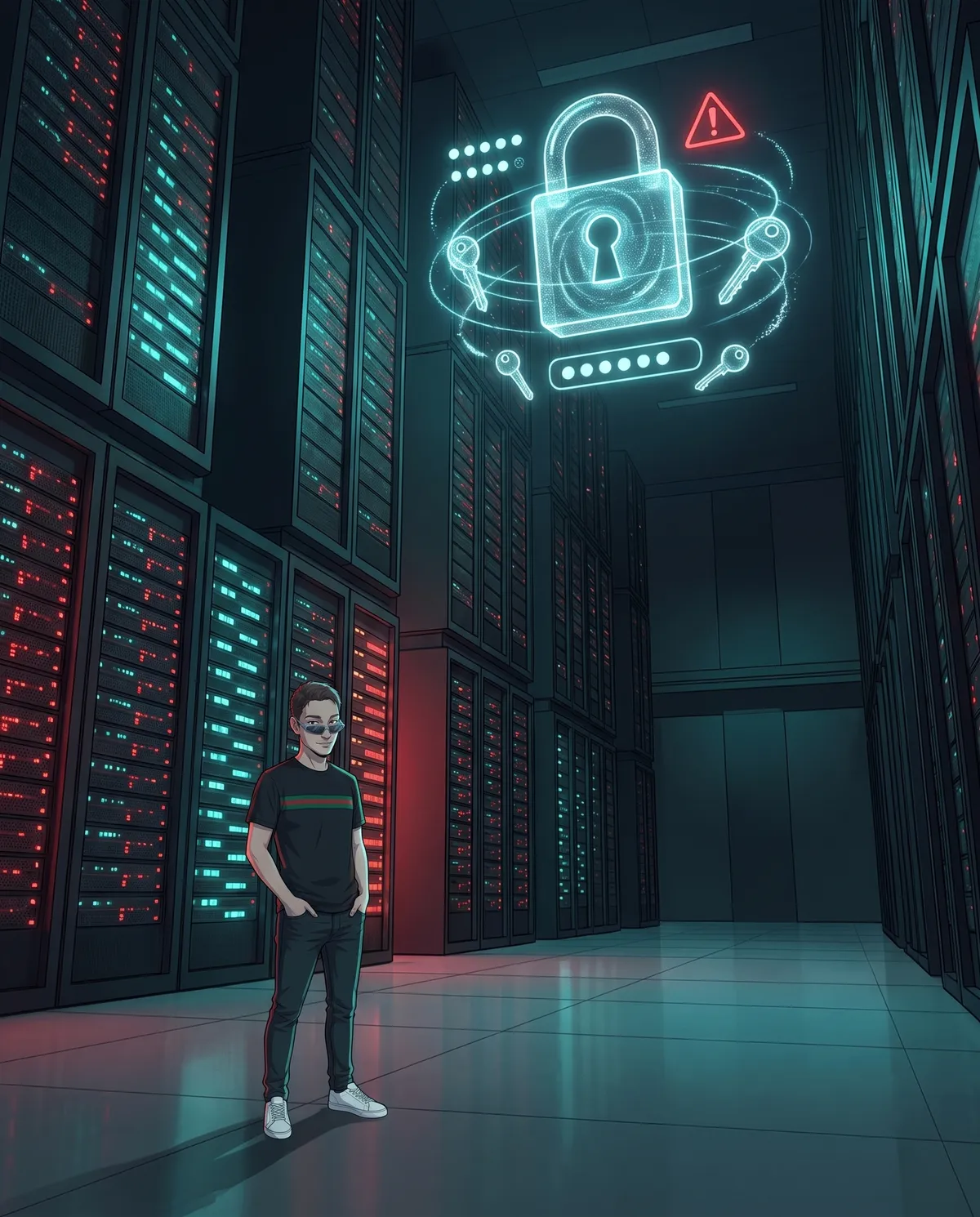 Sala server altissima e buia con un grande lucchetto olografico sospeso vicino al soffitto, chiavi luminose e puntini di password che gli girano intorno e un triangolo rosso di allarme