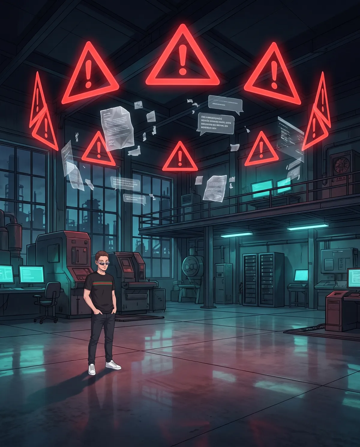 Ale di MariVision in un grande laboratorio buio, sotto un arco di sette triangoli di pericolo rossi luminosi sospesi vicino al soffitto, tra fogli accartocciati e fumetti di chat spezzati
