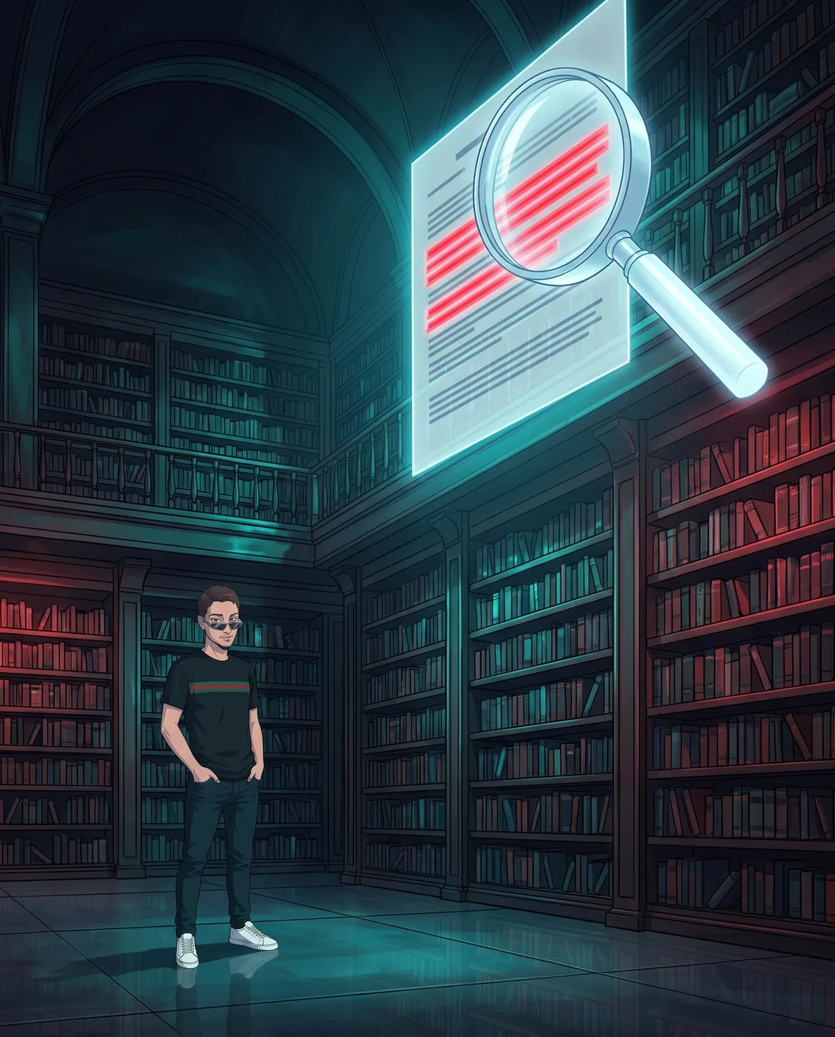 Biblioteca giuridica buia con un grande documento olografico sospeso vicino al soffitto, alcune righe evidenziate in rosso e una lente d'ingrandimento luminosa sopra