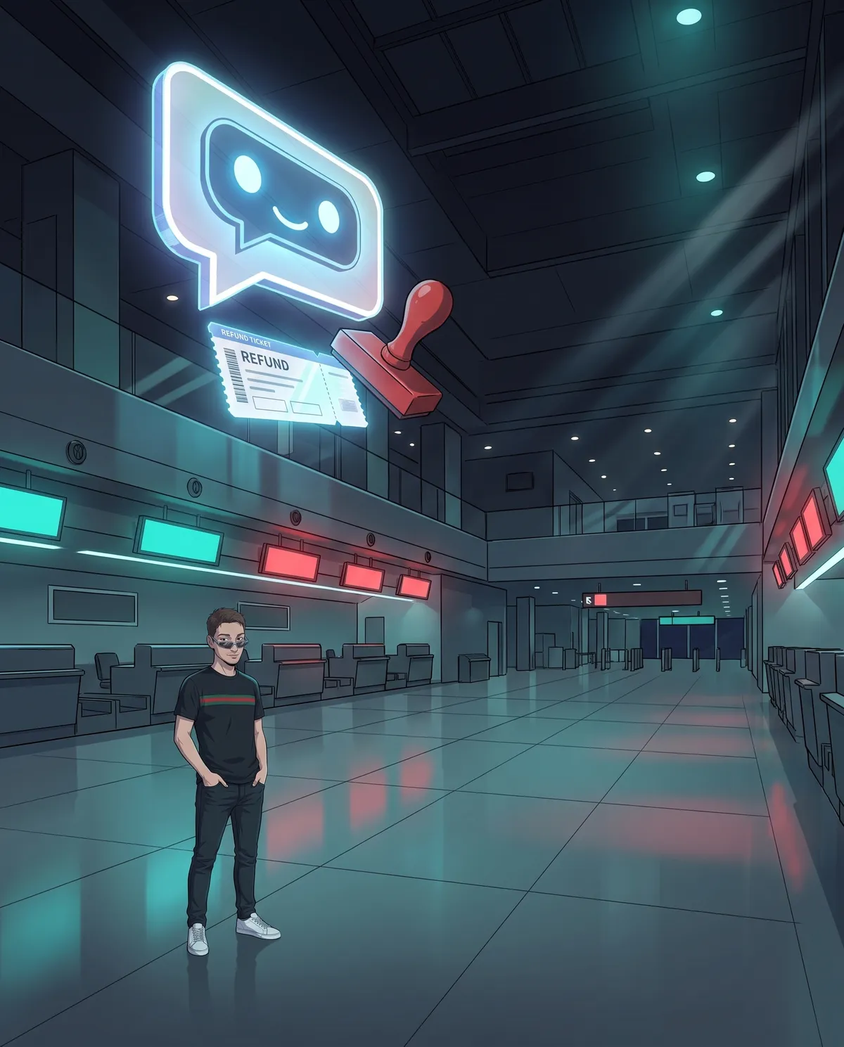 Sala check-in di un aeroporto buia con un grande fumetto olografico di chatbot sospeso vicino al soffitto, un biglietto di rimborso luminoso e un grosso timbro rosso