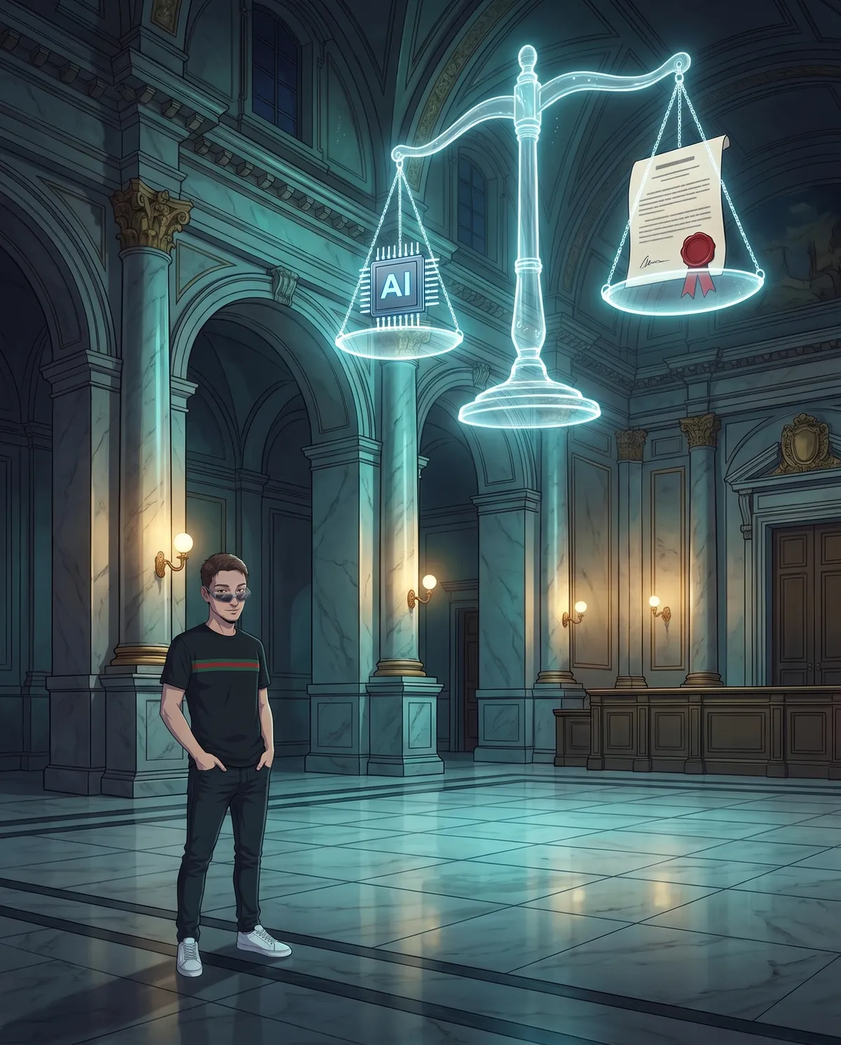 Aula di tribunale buia con colonne di marmo e una grande bilancia della giustizia olografica sospesa vicino al soffitto, con un chip luminoso su un piatto e un documento con sigillo rosso sull'altro