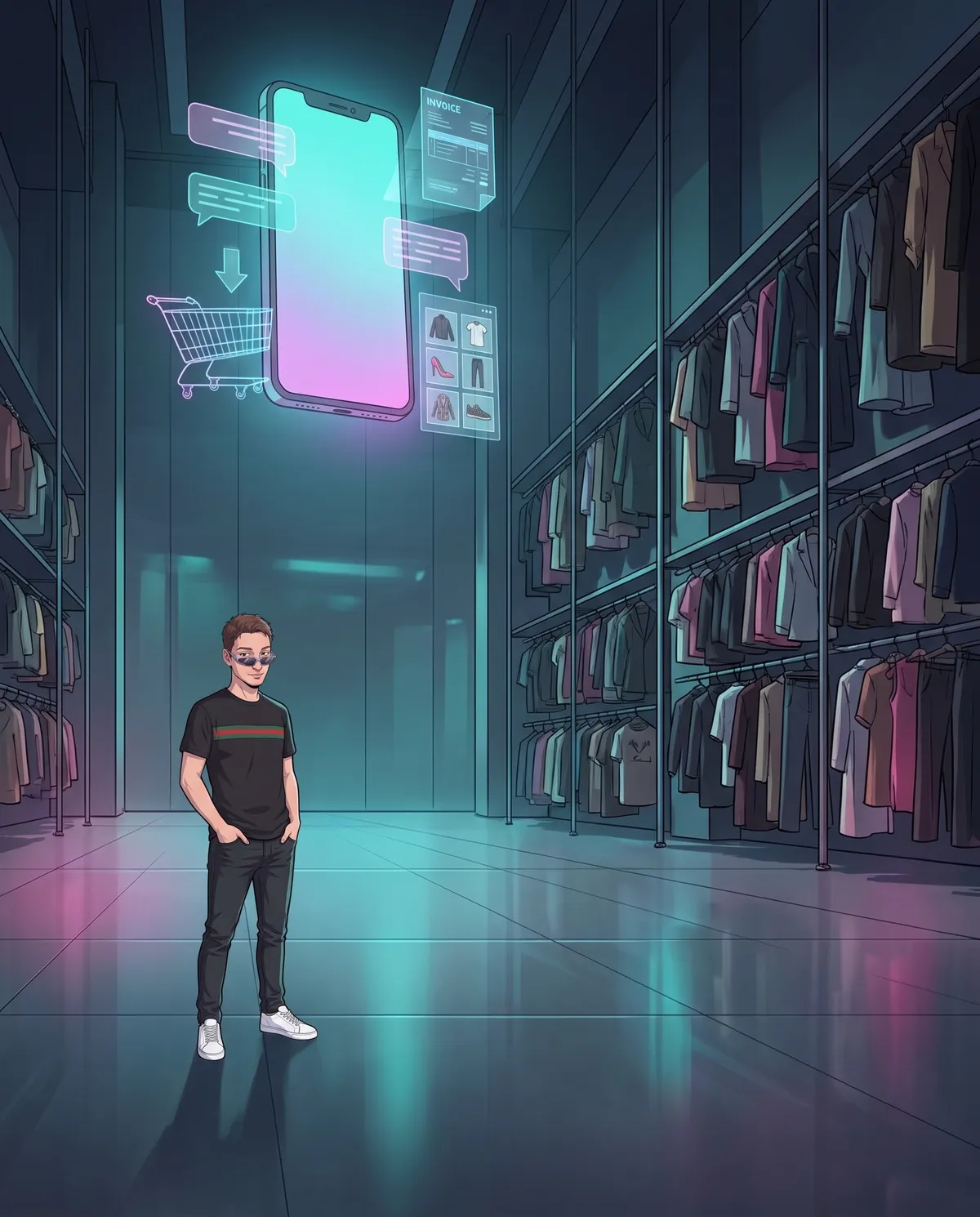 Boutique buia con appendiabiti e un grande smartphone olografico sospeso vicino al soffitto, circondato da fumetti di chat, un carrello, una fattura e una griglia di foto