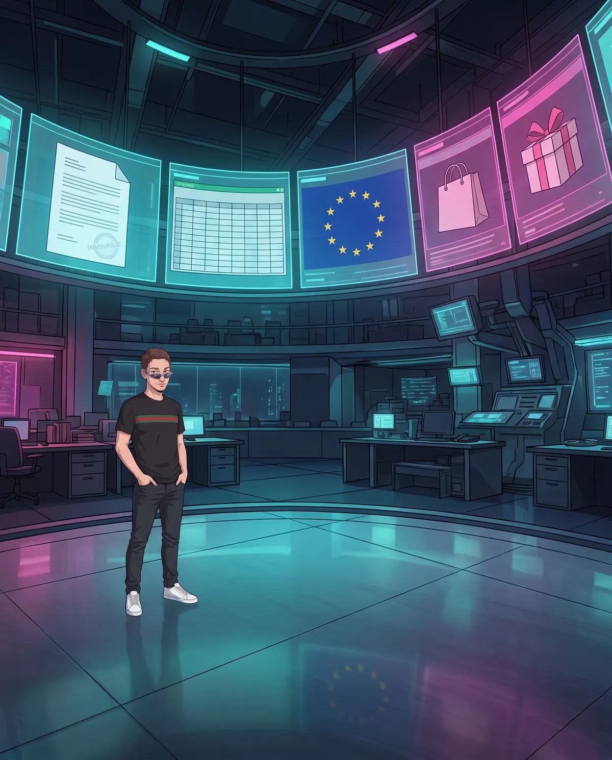 Ale from MariVision in a large, dark newsroom beneath a curved wall of holographic screens showing a document, a spreadsheet, the European circle of stars, a shopping bag, and a gift box
