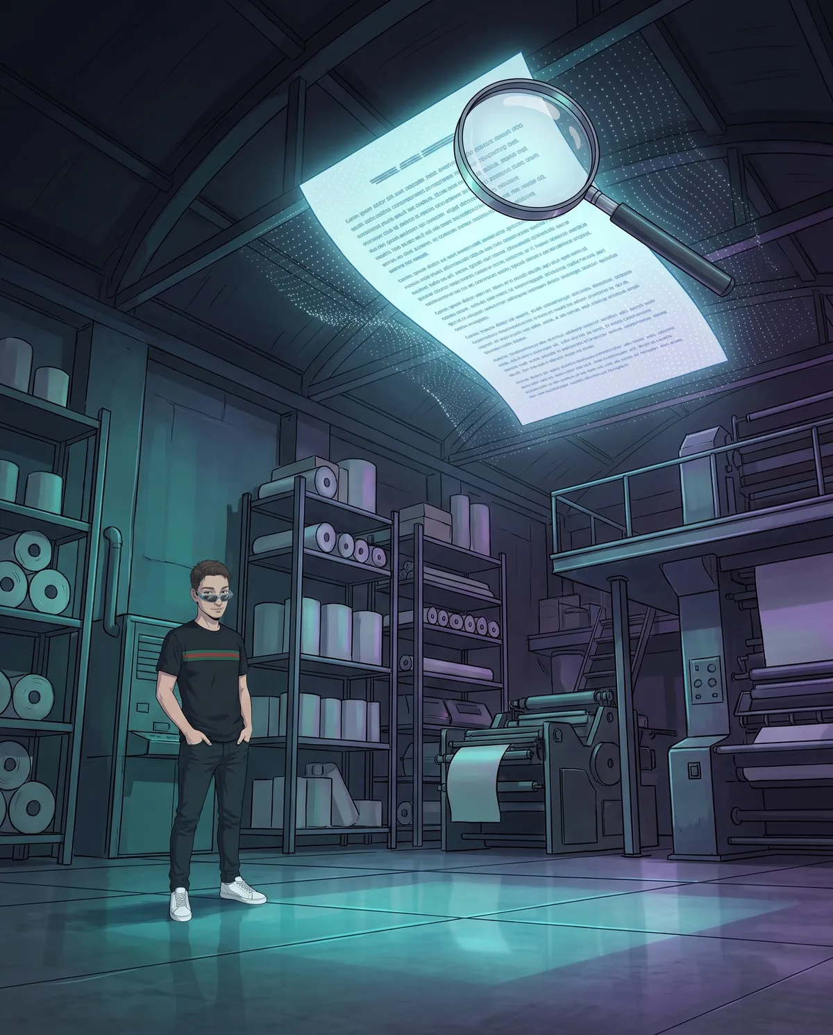 A dark old print shop with shelves of paper and a large holographic sheet floating near the ceiling, crossed by tiny points of light between the lines, with a magnifying glass above it