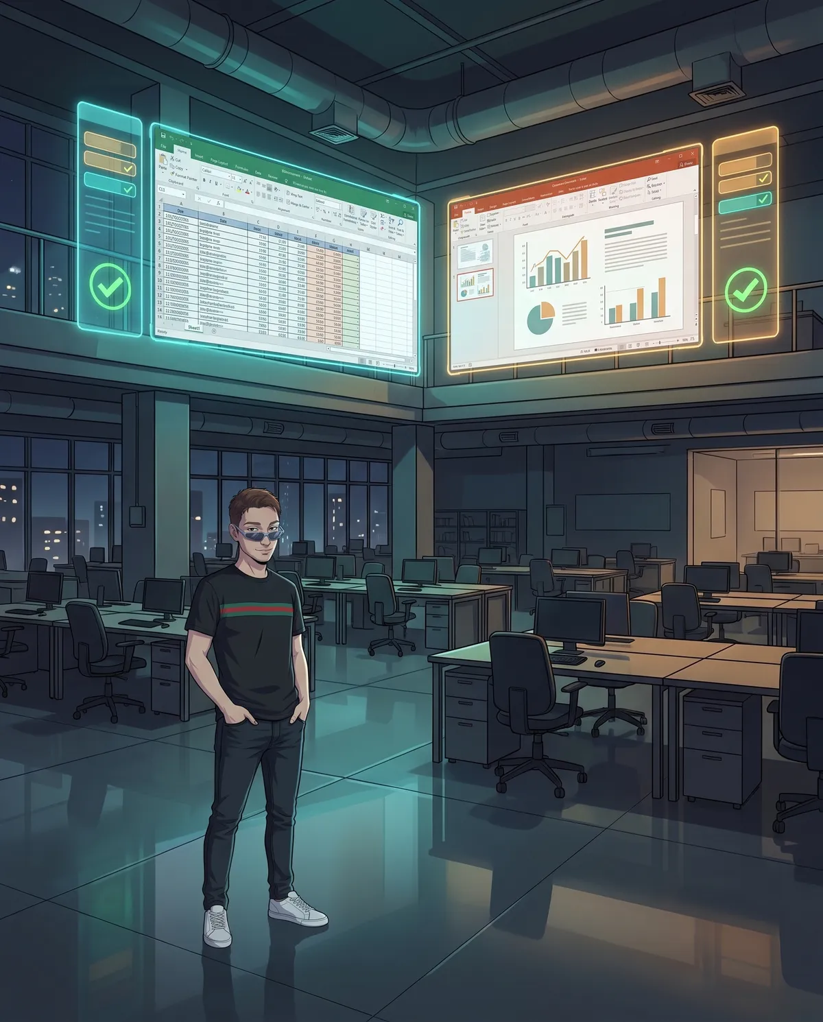 A large, dark open-plan office with a holographic spreadsheet and presentation floating near the ceiling, each with a side panel and a green approval check mark