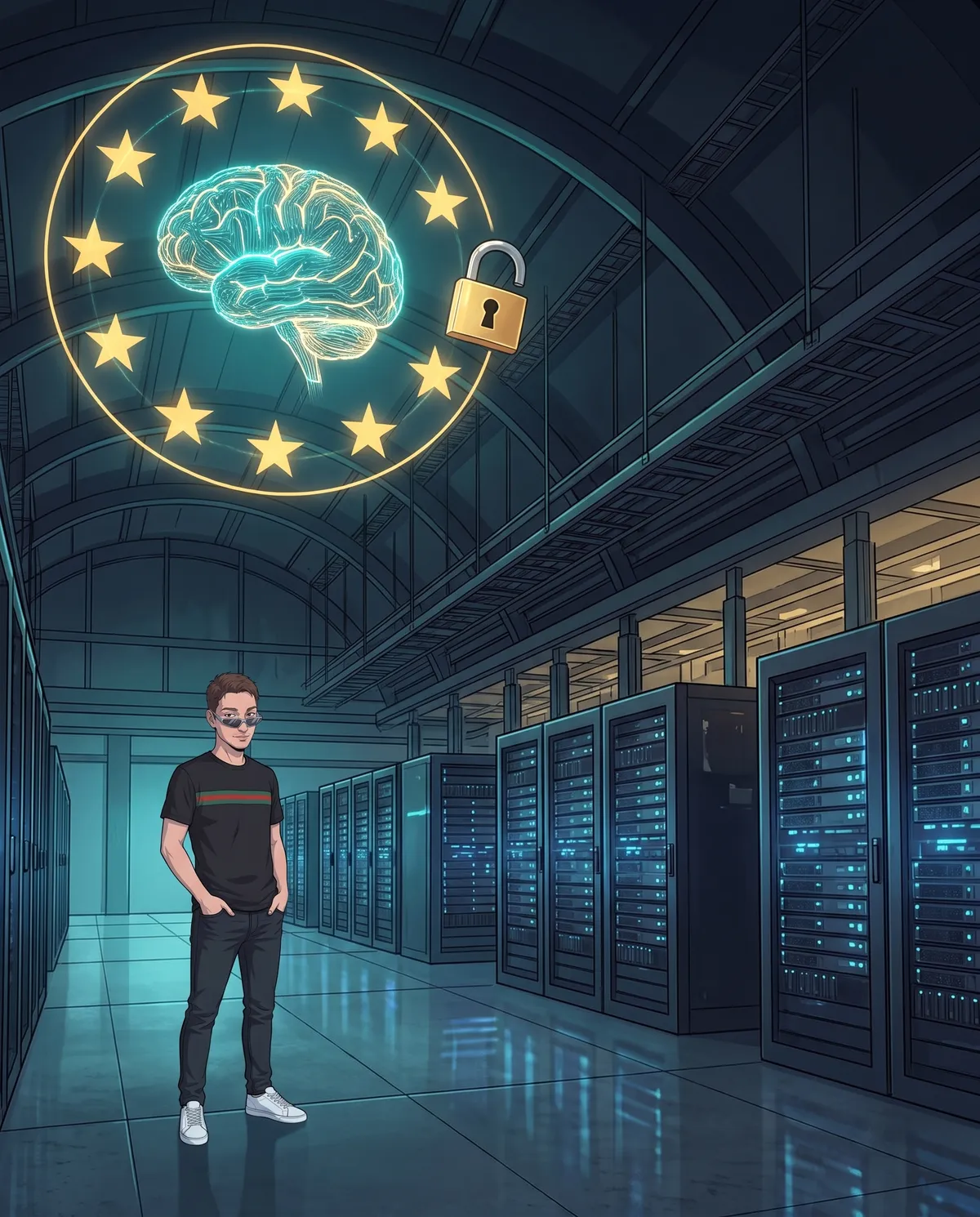 A large, dark server room with a holographic circle of golden European stars floating near the ceiling around a brain made of light, with an open padlock beside it