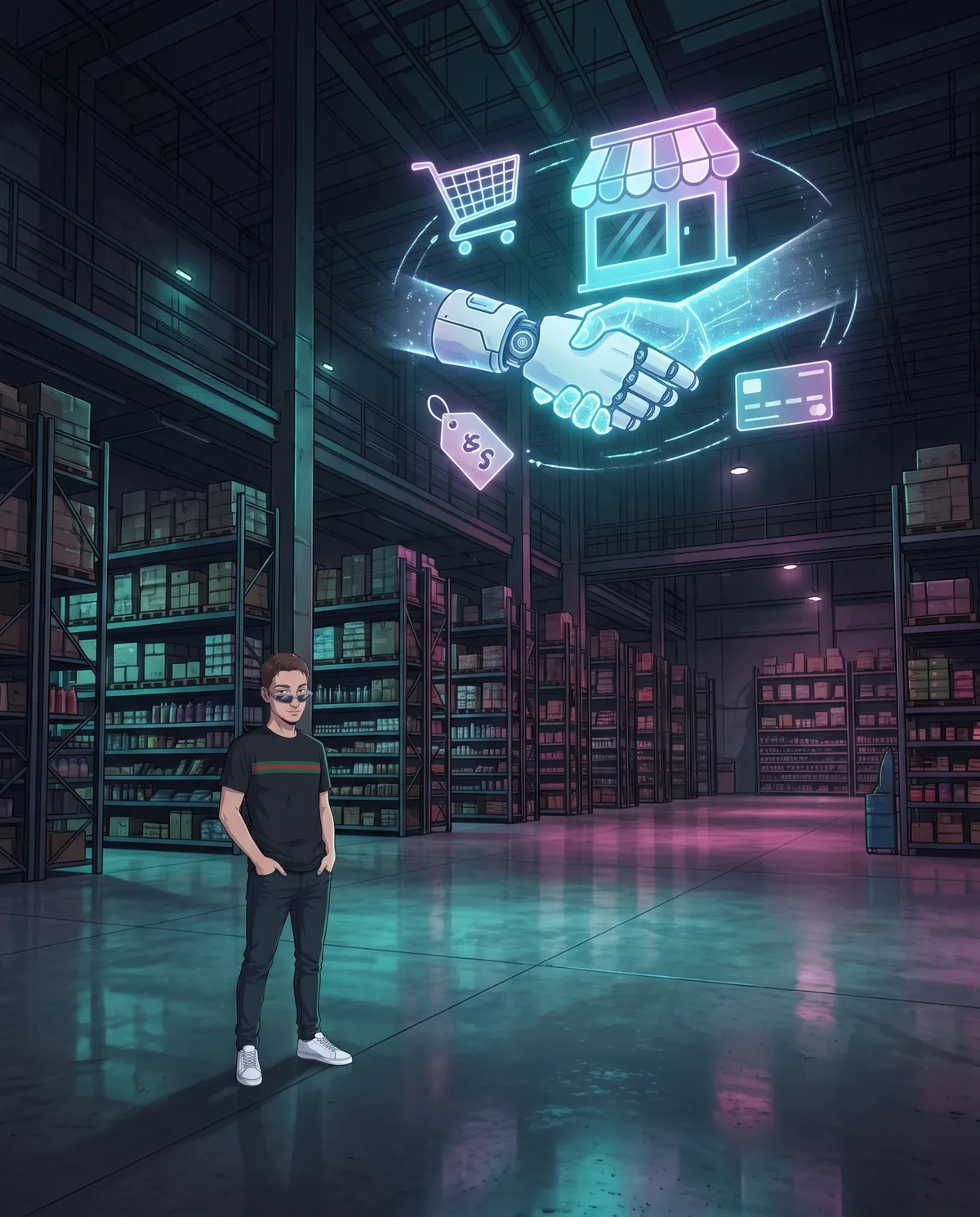 A large, dark warehouse with shelves of products and a holographic handshake between a robotic hand and a store icon, surrounded by a shopping cart, a price tag, and a payment card