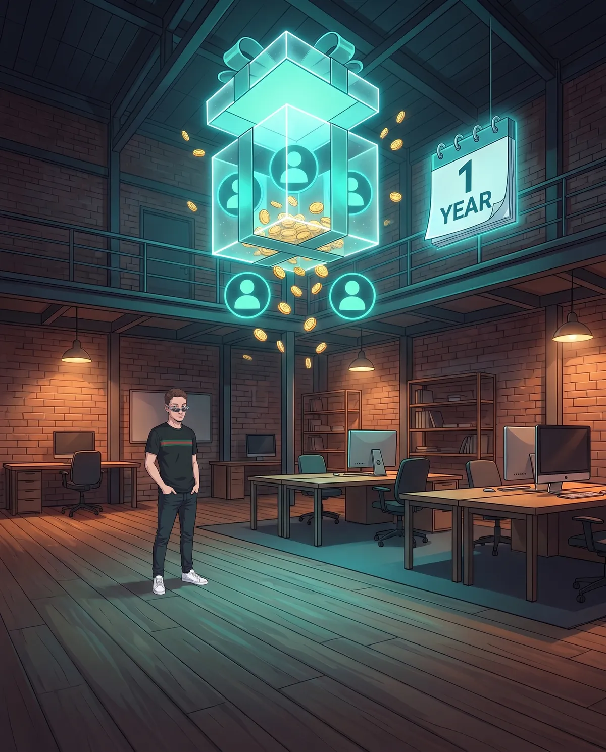 A dark coworking loft with brick walls and a large holographic gift box floating near the ceiling, releasing user icons and gold coins, next to a calendar marked one year