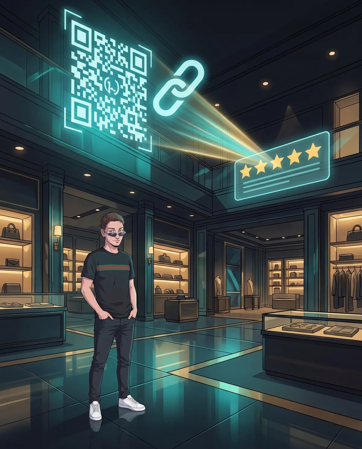 Boutique buia con un grande codice QR olografico e l'icona di un collegamento sospesi vicino al soffitto, collegati da un fascio di luce a un pannello con cinque stelle