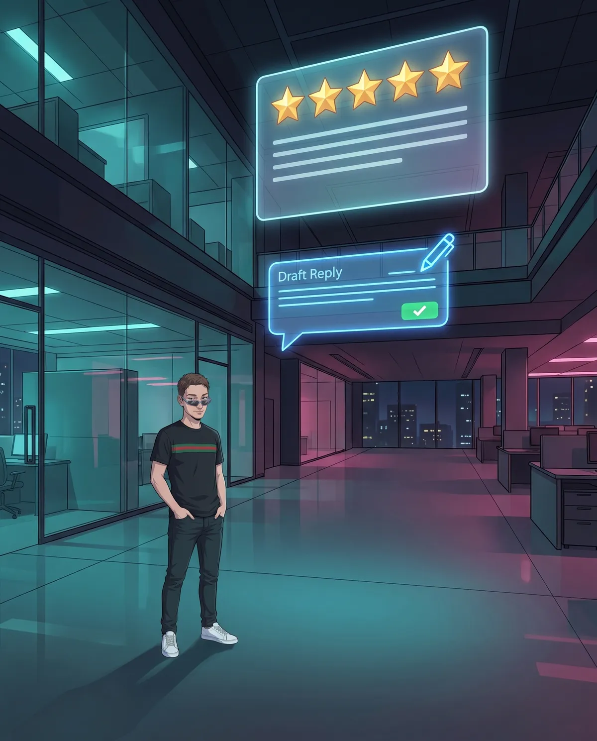 Ufficio buio con una grande scheda olografica di recensione a cinque stelle sospesa vicino al soffitto e, sotto, un fumetto con una bozza di risposta, una penna luminosa e un pulsante di approvazione