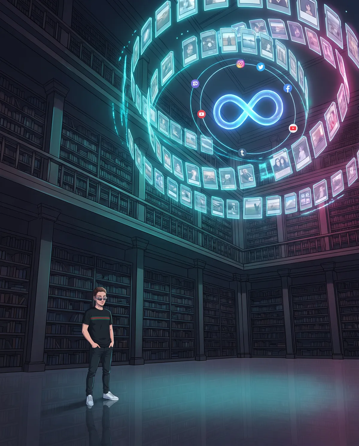 Altissima biblioteca buia vista da lontano con scaffali infiniti e una grande spirale olografica di schede e fotografie sospesa vicino al soffitto attorno a un simbolo dell'infinito luminoso, con piccole icone dei social intorno