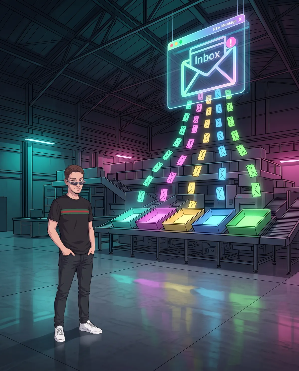 Ale from MariVision in a large, dark mail sorting center, under a holographic mailbox from which rows of glowing envelopes flow down into five colored trays