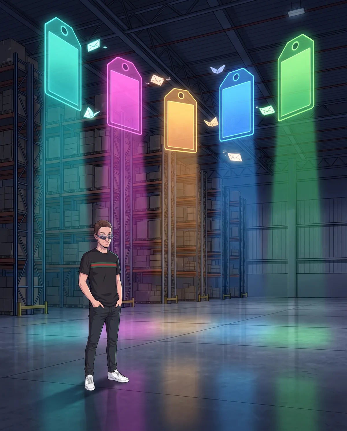 Large, dark warehouse with tall shelves and five big colored holographic labels hanging near the ceiling, with small glowing envelopes flying toward them