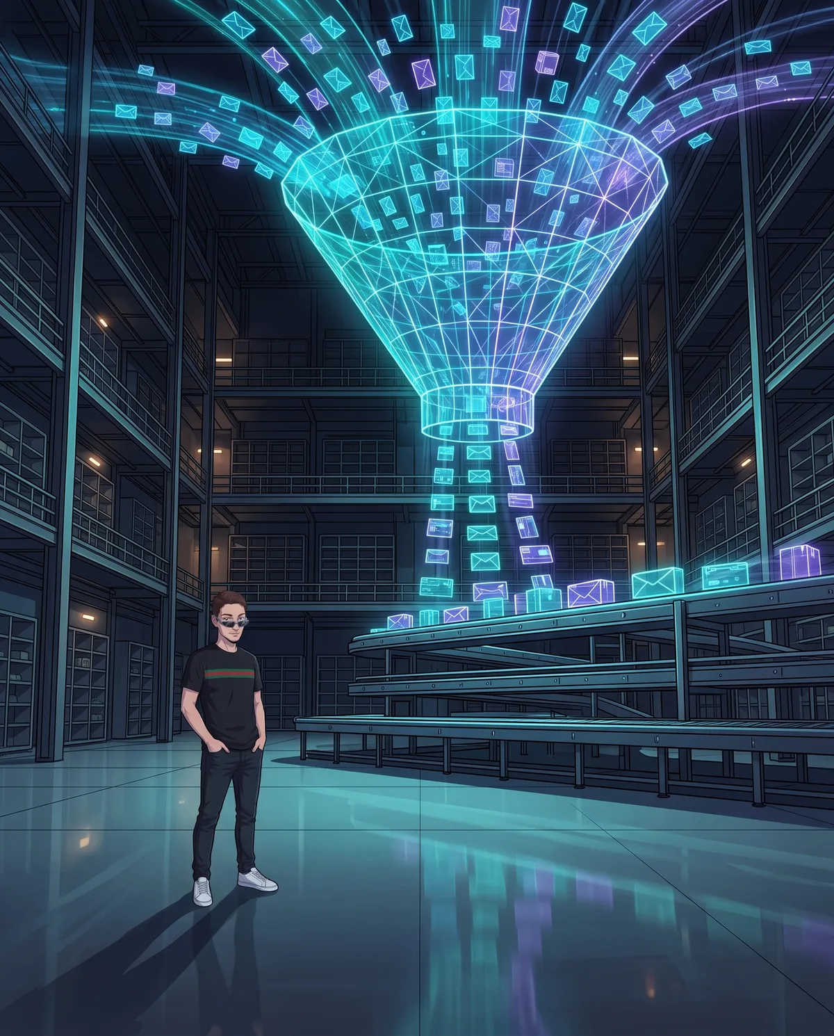 Dark mail room with a large holographic funnel hanging near the ceiling: glowing envelopes pour in at the top in a jumble and come out the bottom in neat rows