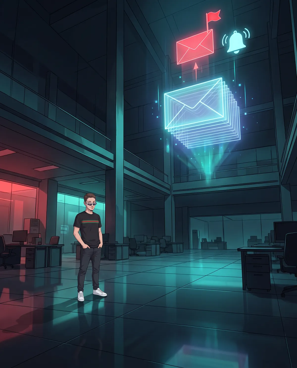 Large, dark office with a holographic stack of envelopes hanging near the ceiling, with a red envelope rising to the top next to a small flag and a glowing bell