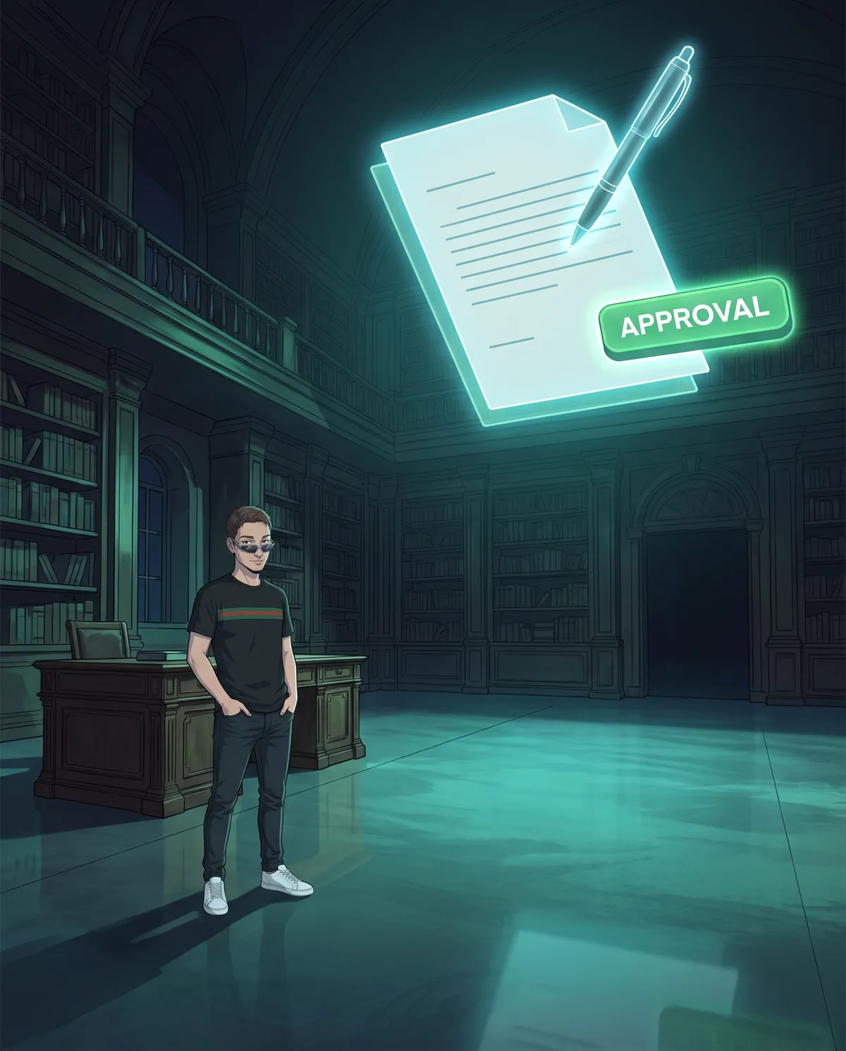 Large, dark room with an old wooden desk and a holographic letter hanging near the ceiling, with a glowing pen writing and a green approval button beside it