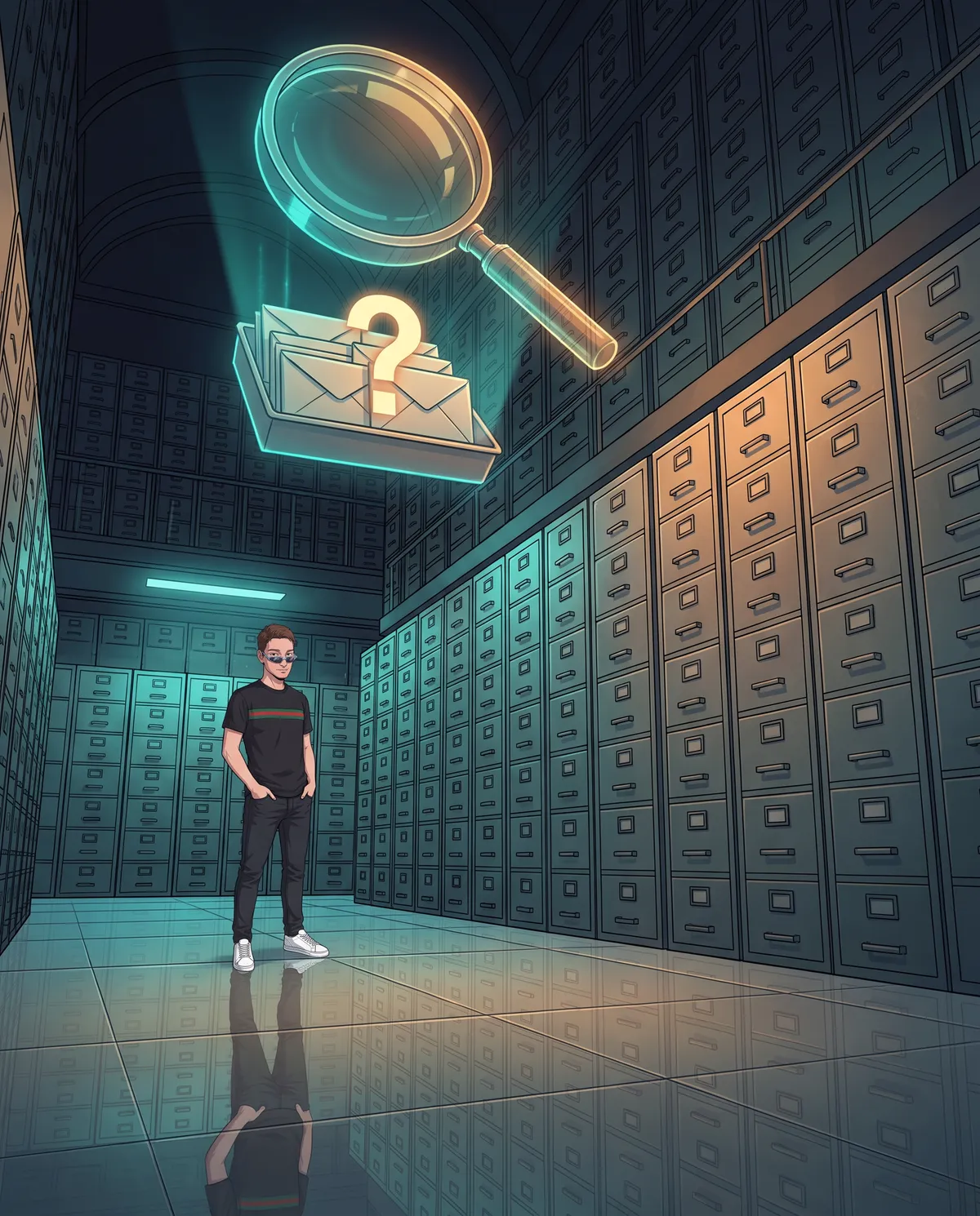 Dark archive with tall metal filing cabinets and a large holographic magnifying glass hanging near the ceiling, above a tray of envelopes with a glowing question mark