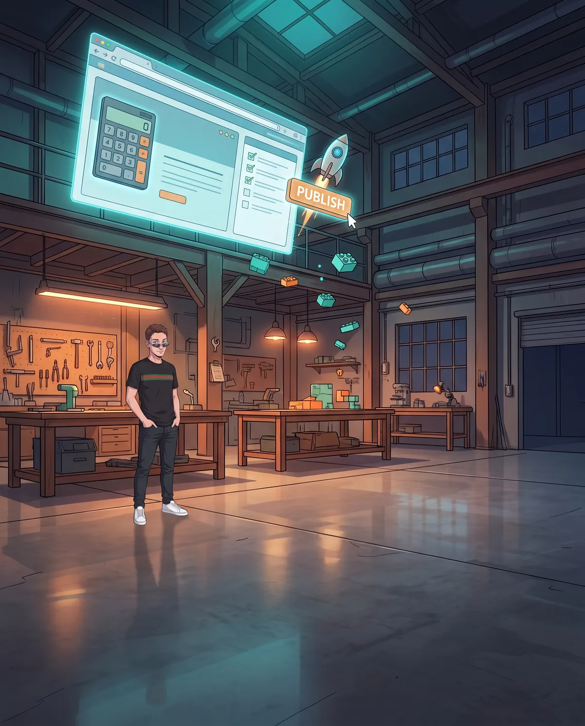 Laboratorio artigiano buio con banchi da lavoro in legno, una grande pagina web olografica sospesa vicino al soffitto con una calcolatrice luminosa e una checklist, lanciate da un grande pulsante a forma di razzo, e piccoli blocchi che si incastrano