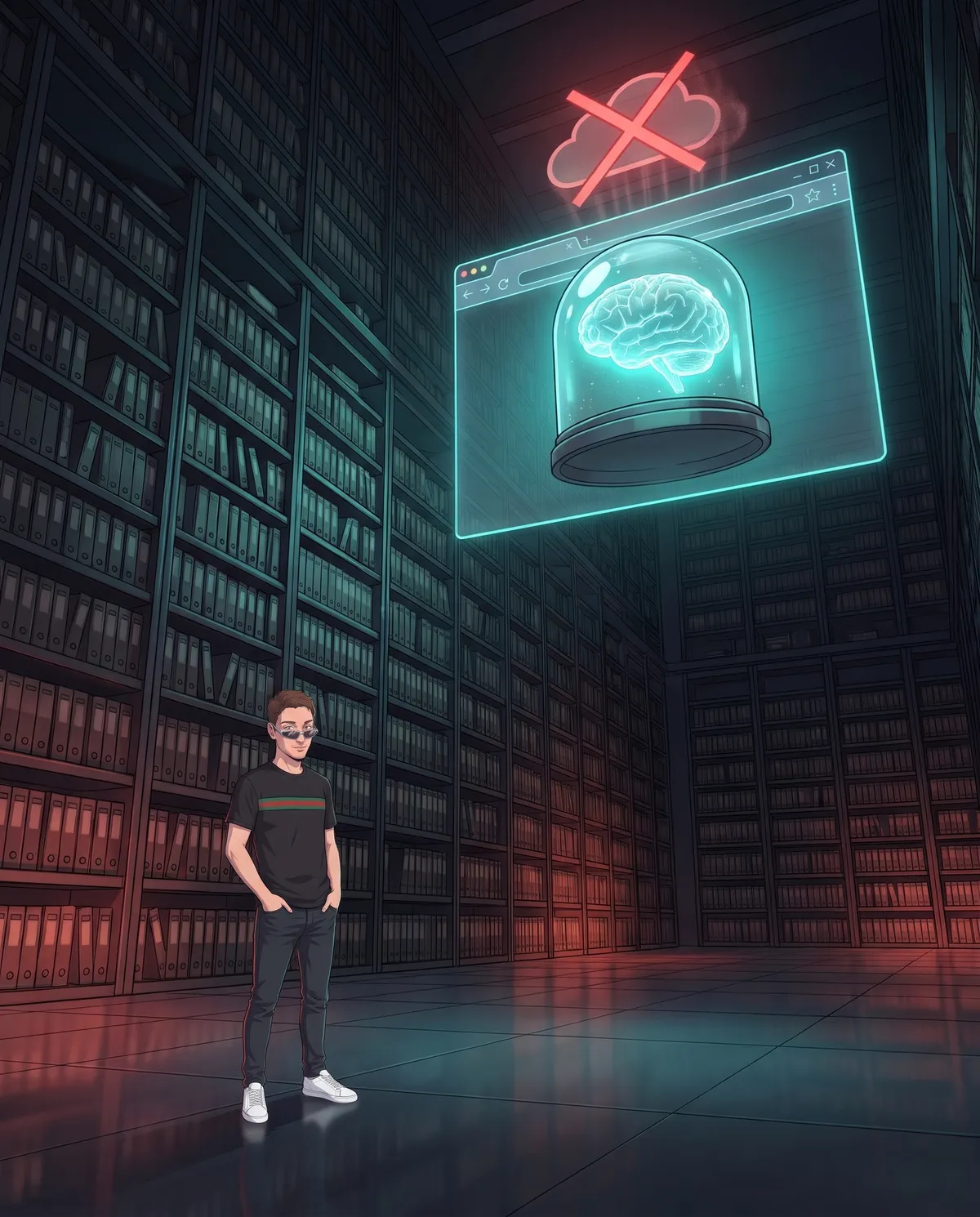 Archivio buio con alti scaffali di faldoni chiusi, una grande finestra di browser olografica sospesa con un cervello luminoso sotto una campana di vetro e una nuvola barrata che svanisce