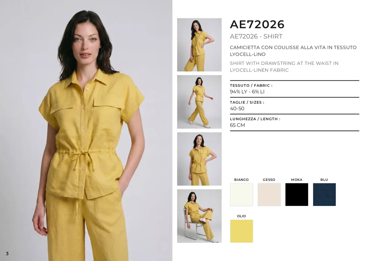 Pagina di lookbook AI: capo reale su modella digitale con scheda codici e tessuti, collezione SS27