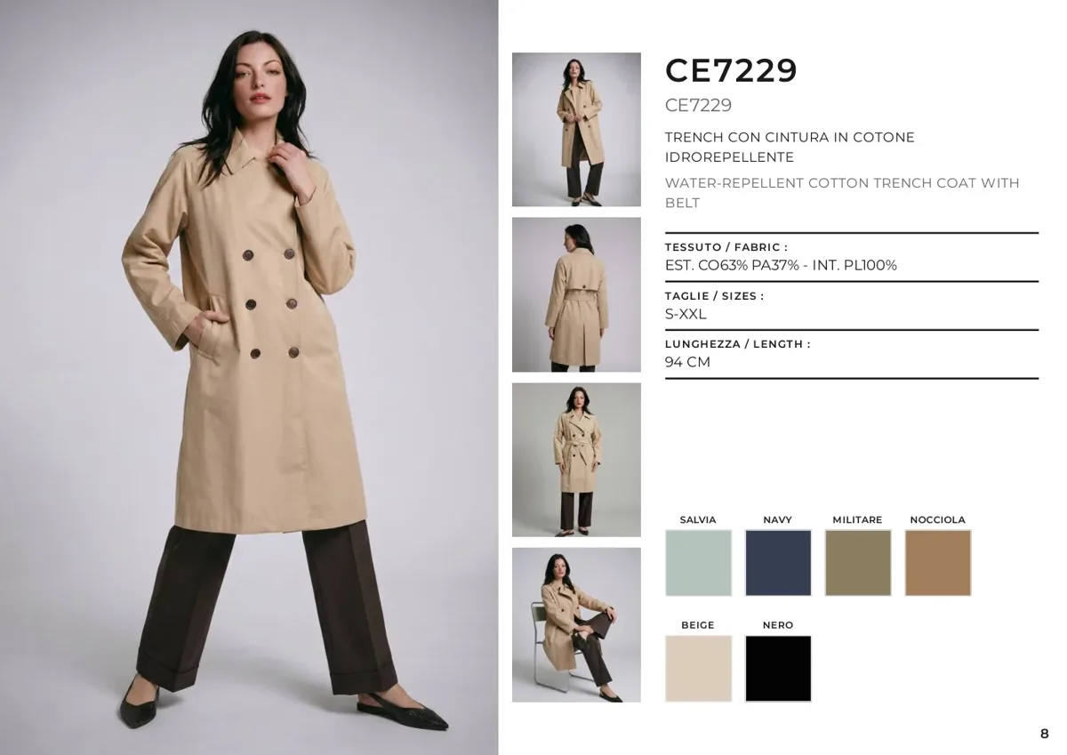 Pagina catalogo AI: capospalla su modella virtuale con dettagli tecnici, SS27