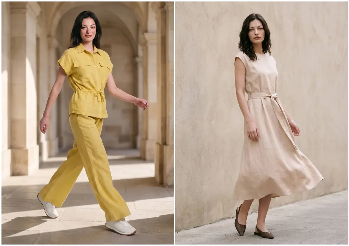 Campagna moda AI in esterna: outfit SS27 in ambientazione mediterranea, luce naturale
