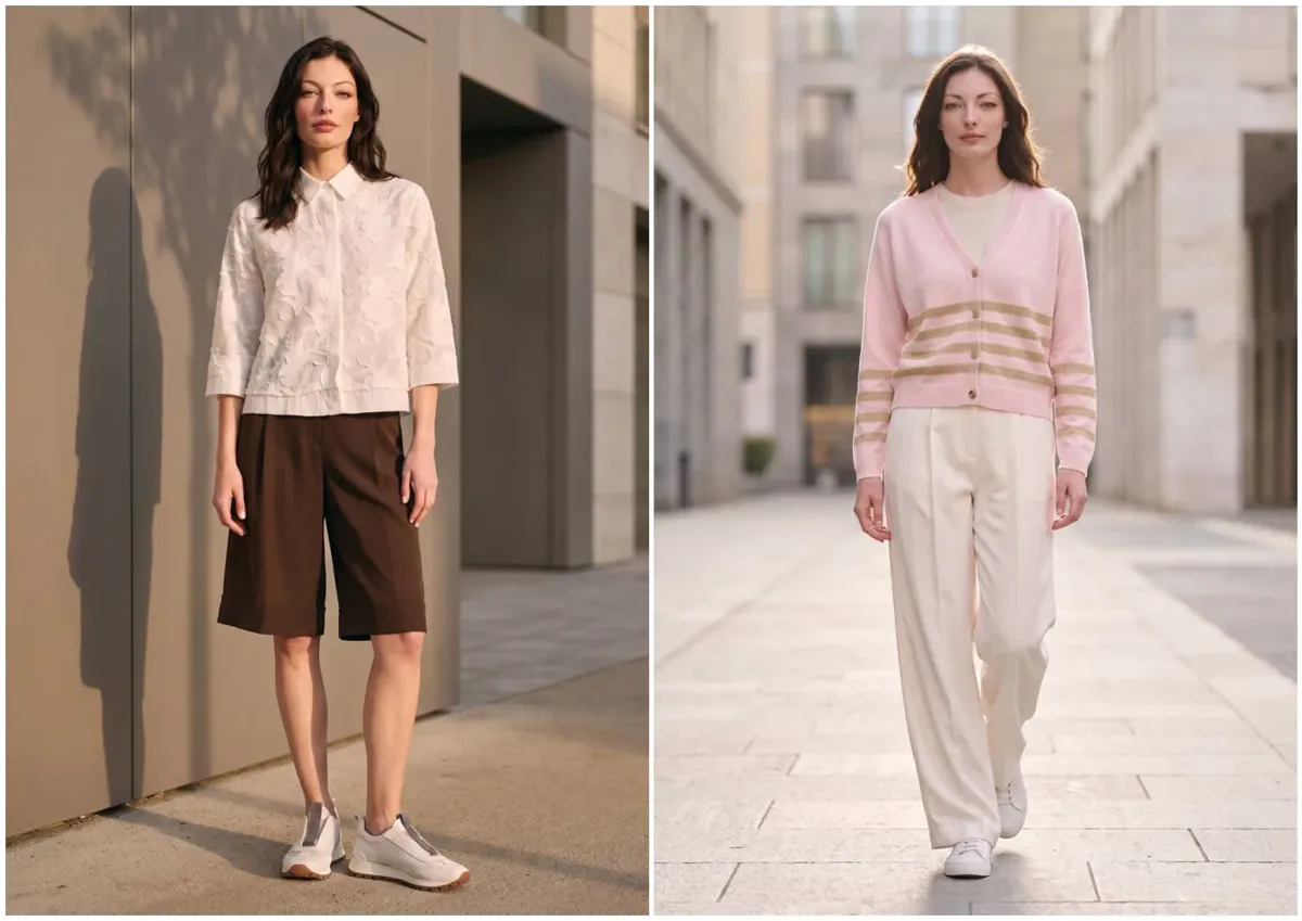 Editoriale moda AI: look SS27 in location urbana, fotografia generata con intelligenza artificiale