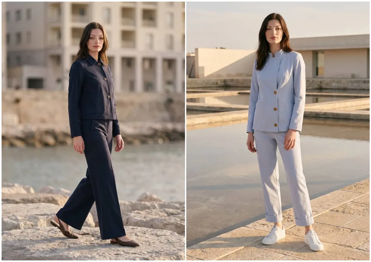Shooting moda AI sul lungomare: capo di collezione SS27, golden hour