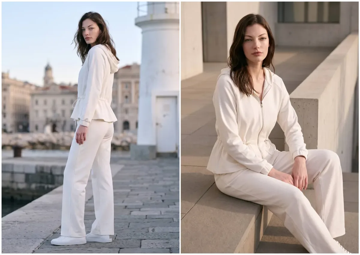 Campagna abbigliamento AI: outfit completo SS27 in città di mare